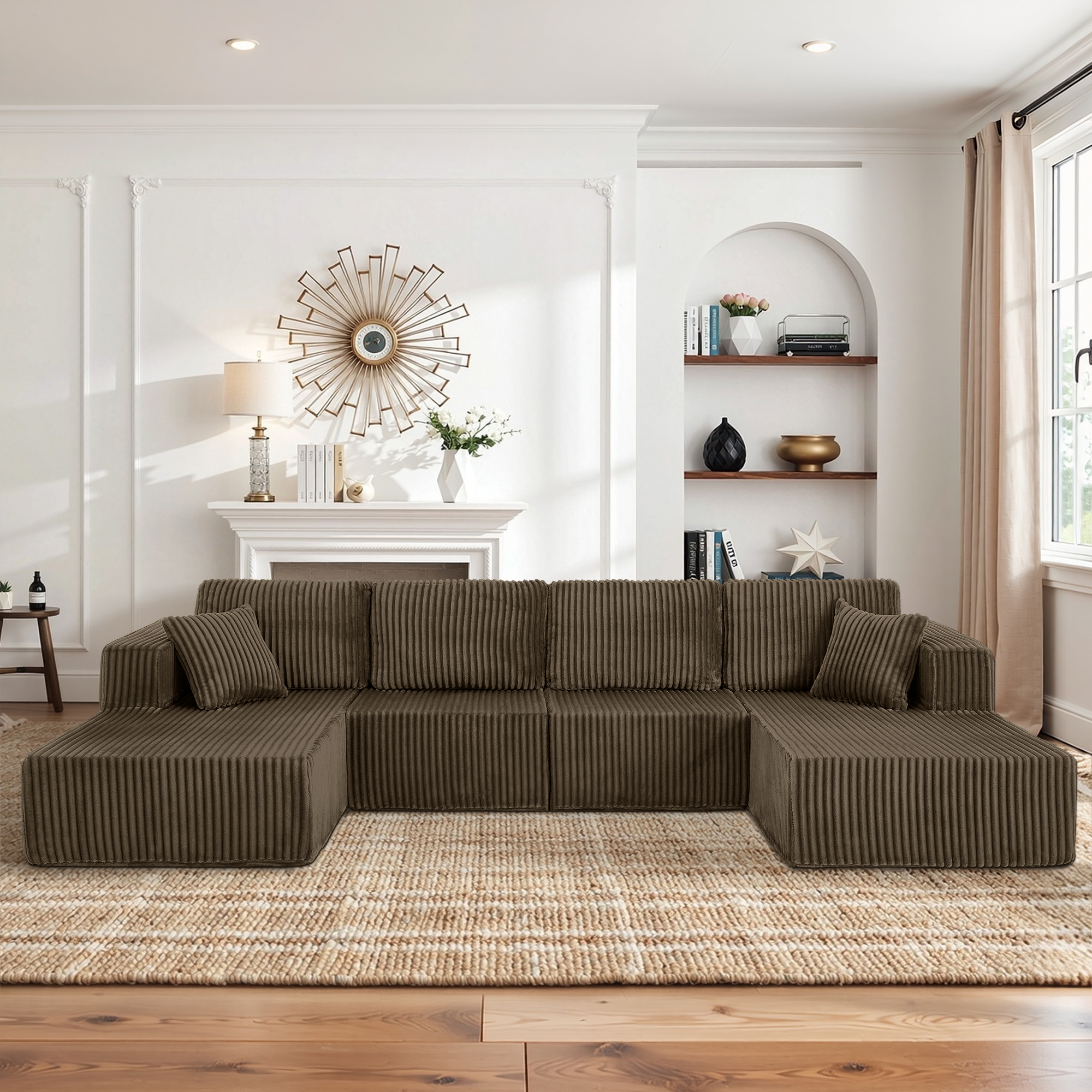 U-Shaped Modular Sectional Sofa [SIZE UPGRADED], Modern Minimalist Corduroy Compressed Sleeper Couch, Extra Spacious Design for Living Room/Bedroom, Comfy Space-Saving Sofa-Brown - Image 3