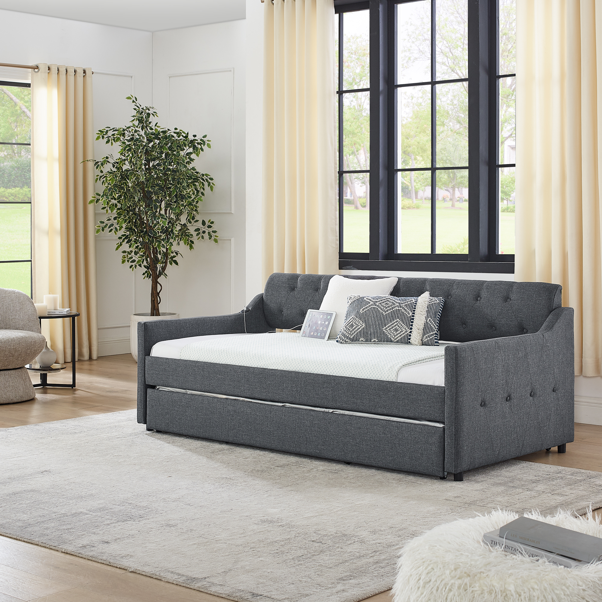 Twin Size Upholstery DayBed with Twin Size Erectable Trundle and USB Charging Design, Linen Dark Gray - Image 5
