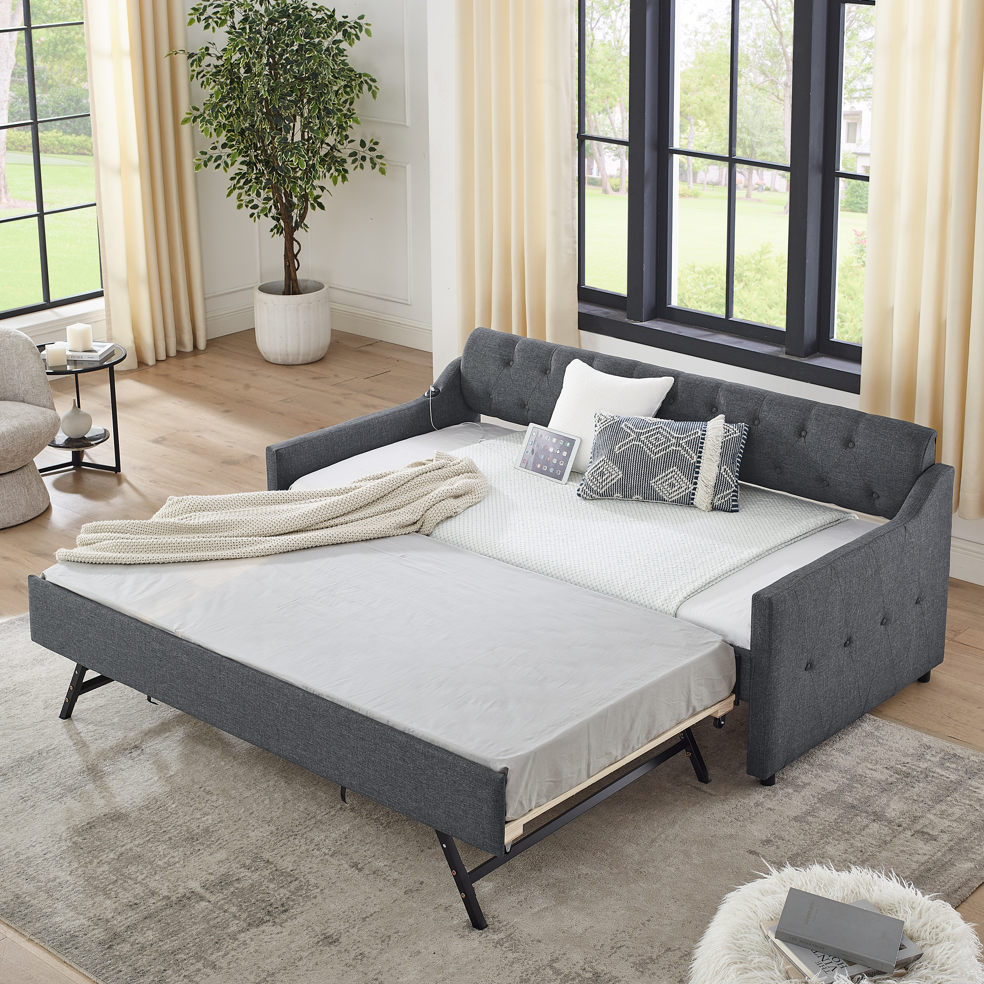 Twin Size Upholstery DayBed with Twin Size Erectable Trundle and USB Charging Design, Linen Dark Gray - Image 2
