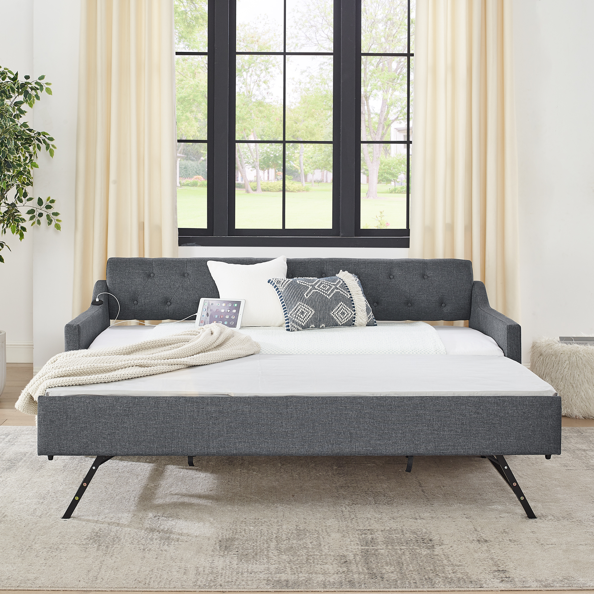 Twin Size Upholstery DayBed with Twin Size Erectable Trundle and USB Charging Design, Linen Dark Gray - Image 3