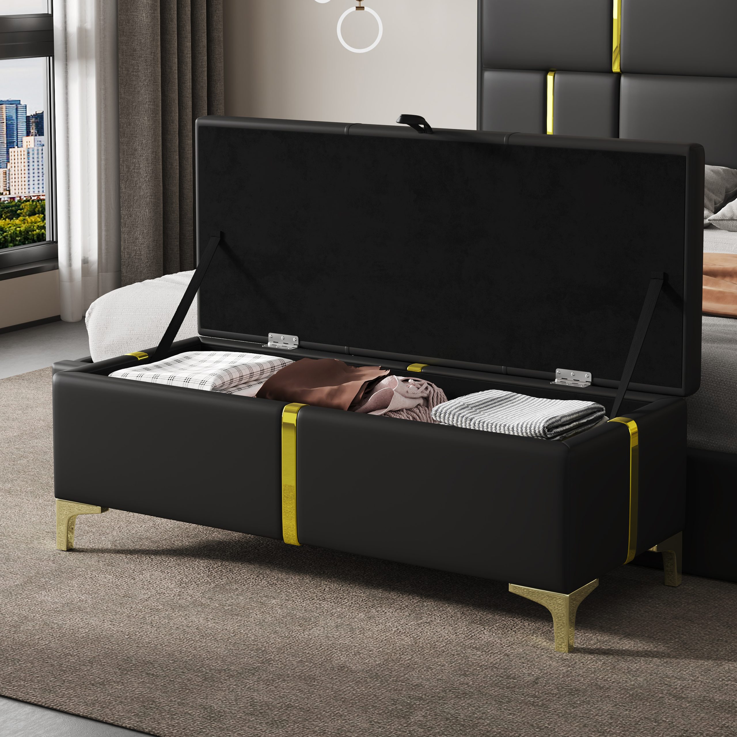Elegant Upholstered Storage Ottoman,Storage Bench with Metal Legs for Bedroom,Living Room,Fully Assembled Except Legs,Black - Image 3