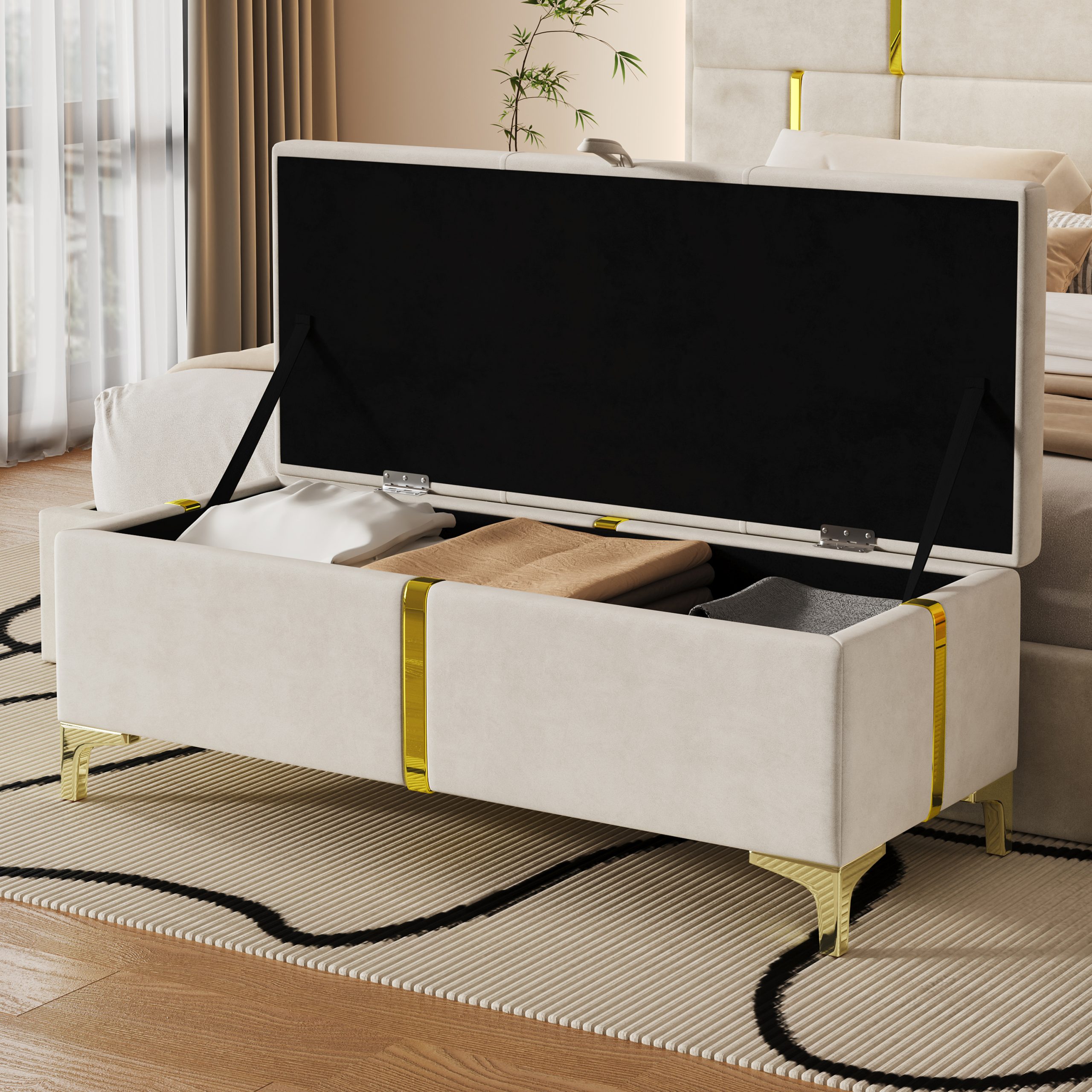 Elegant Upholstered Storage Ottoman,Storage Bench with Metal Legs for Bedroom,Living Room,Fully Assembled Except Legs,Beige - Image 3