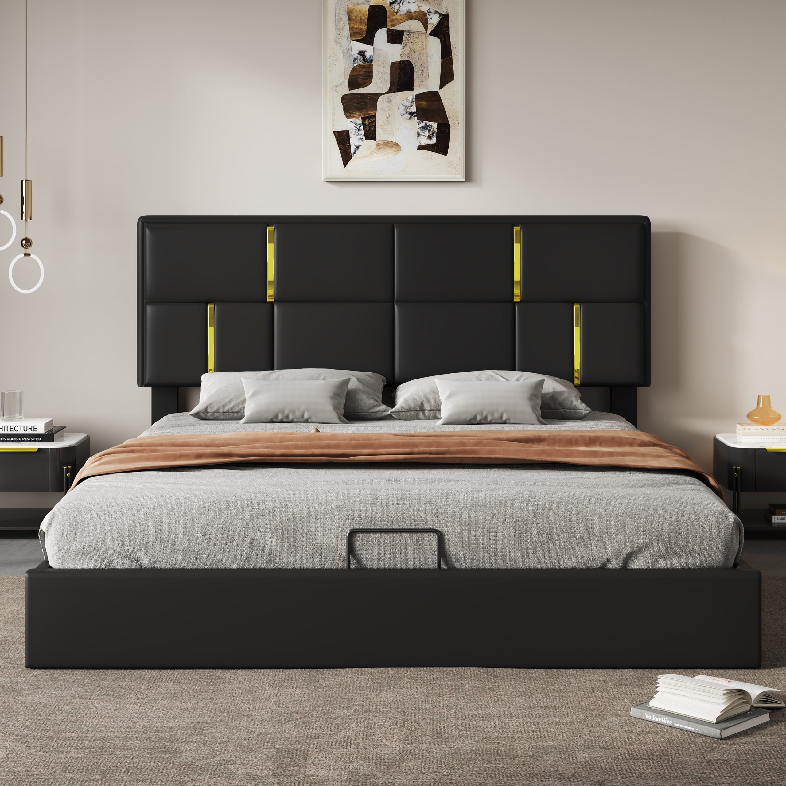 Queen Size Upholstered Platform Bed with Hydraulic Storage System,No Box Spring Needed,Black(Old SKU:N733P207778B) - Image 3