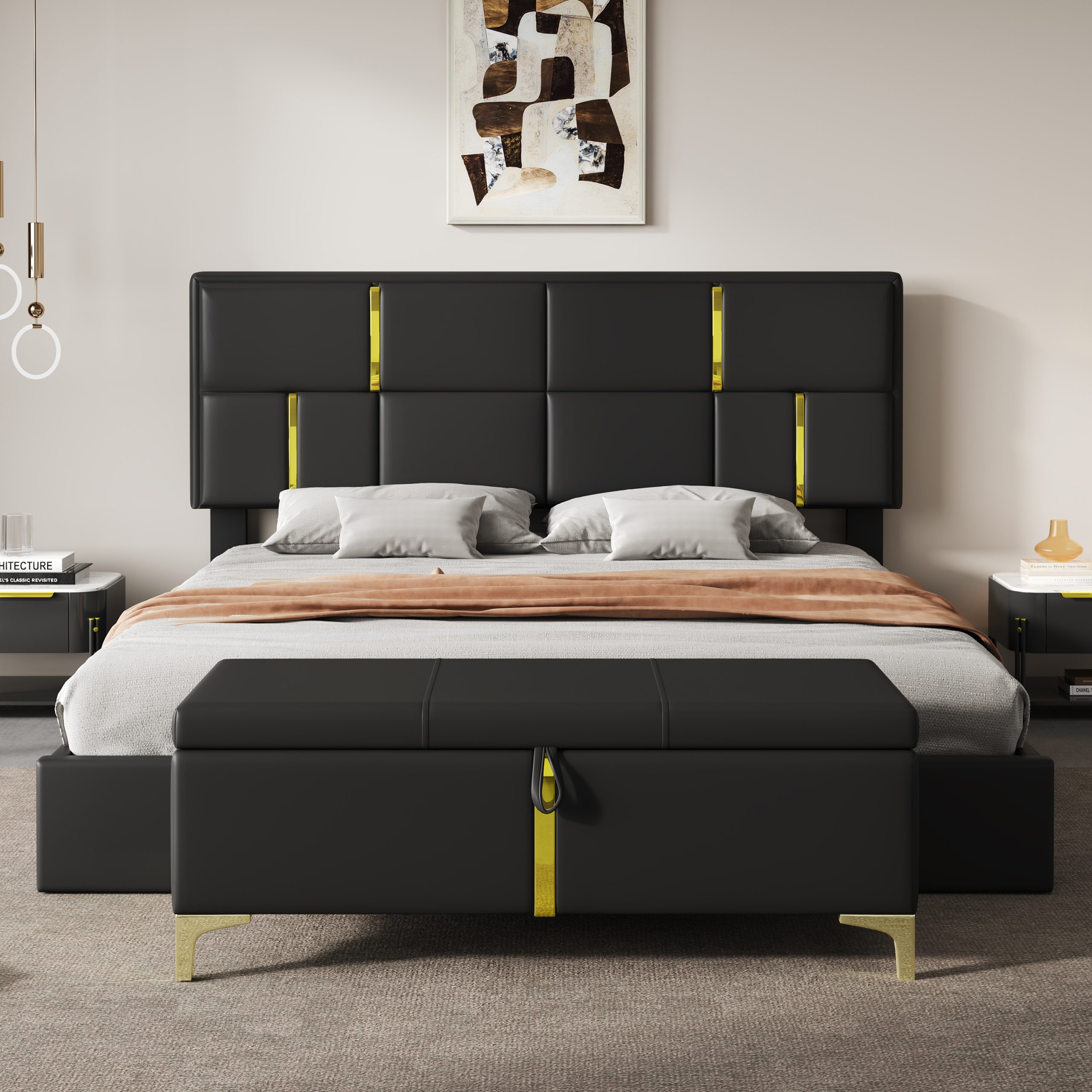 2-Pieces Bedroom Sets,Queen Size Upholstered Platform Bed with Hydraulic Storage System,Storage Ottoman with Metal Legs,Black(Old SKU:N733S207778B) - Image 2