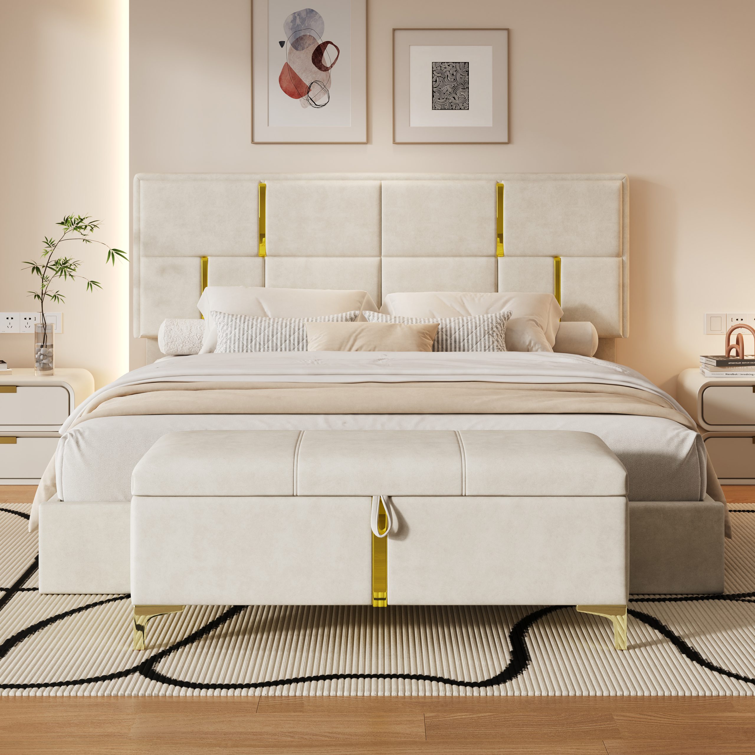 2-Pieces Bedroom Sets,Queen Size Upholstered Platform Bed with Hydraulic Storage System,Storage Ottoman with Metal Legs,Beige(Old SKU:N733S207778A) - Image 2