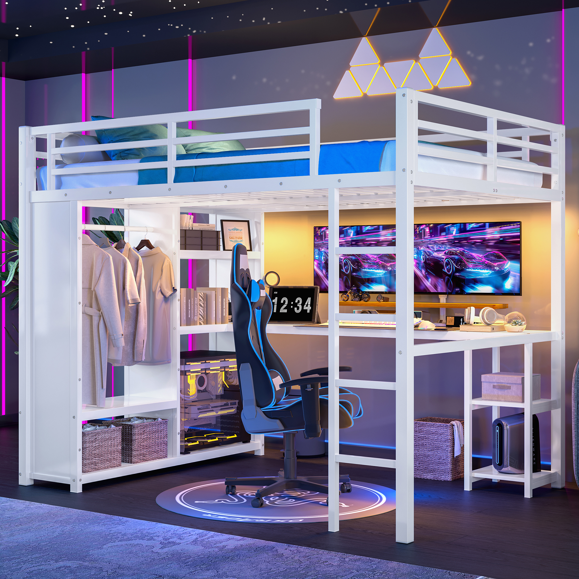Queen Size Loft Bed Frame with Built-in Wardrobe, Metal Loft Bed with Desk and Storage Shelves, White