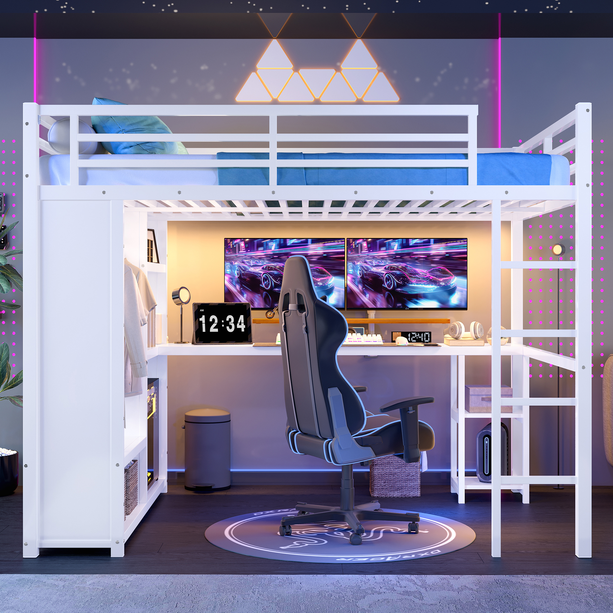 Queen Size Loft Bed Frame with Built-in Wardrobe, Metal Loft Bed with Desk and Storage Shelves, White - Image 2