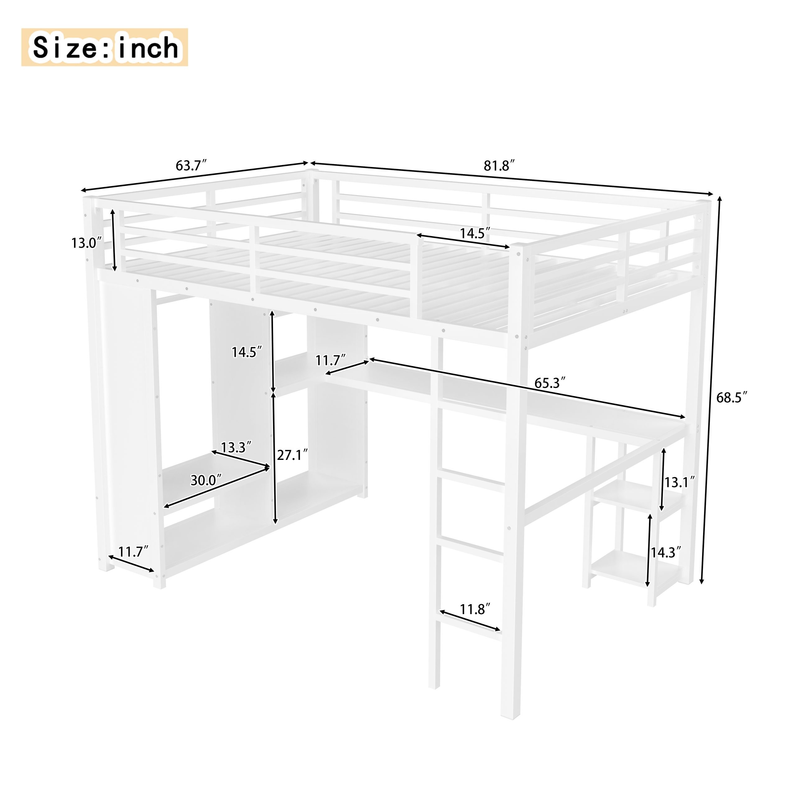Queen Size Loft Bed Frame with Built-in Wardrobe, Metal Loft Bed with Desk and Storage Shelves, White - Image 3