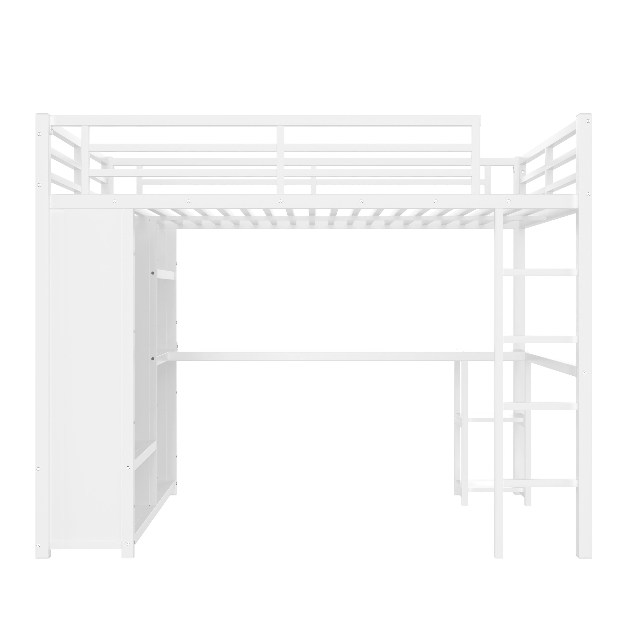 Queen Size Loft Bed Frame with Built-in Wardrobe, Metal Loft Bed with Desk and Storage Shelves, White - Image 4