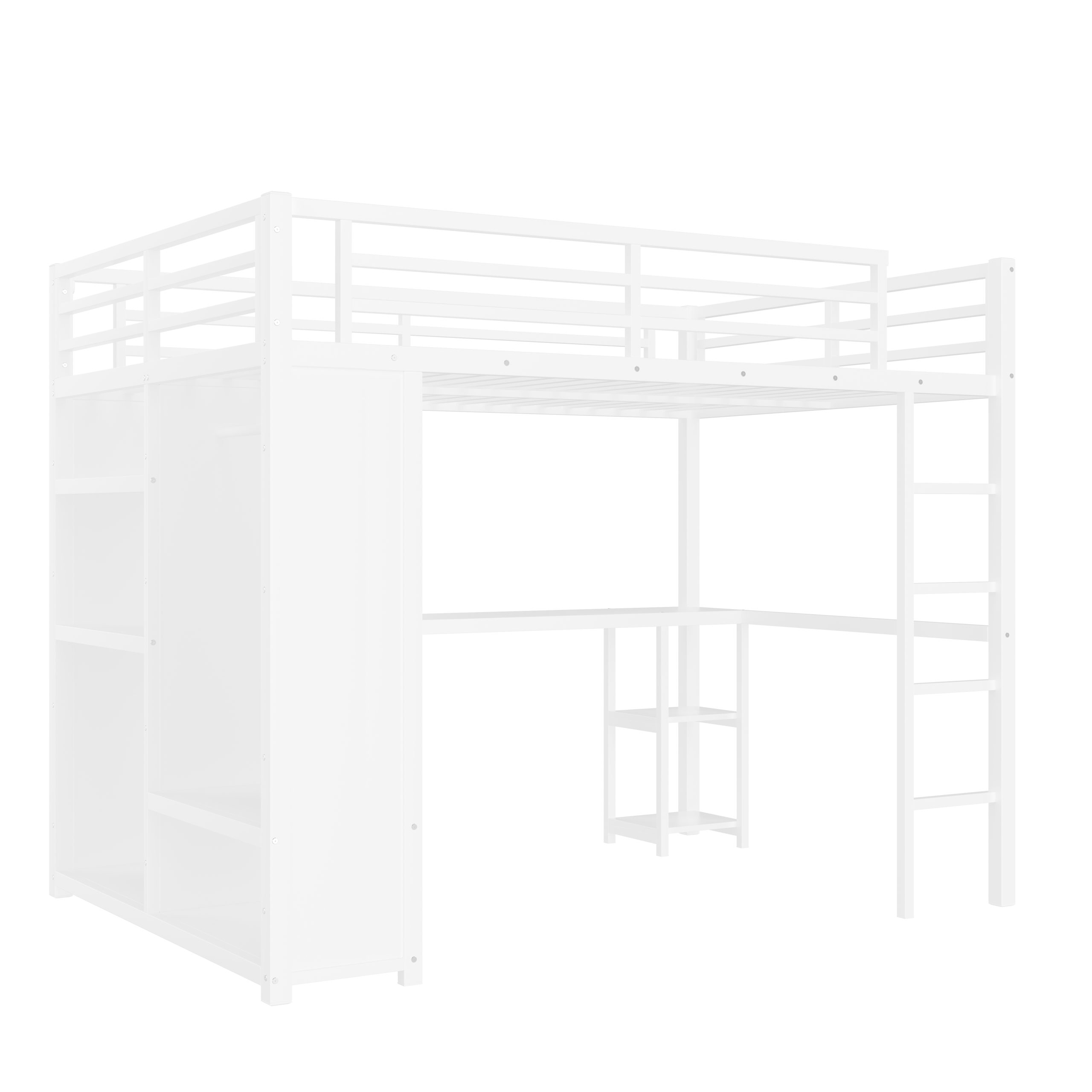 Queen Size Loft Bed Frame with Built-in Wardrobe, Metal Loft Bed with Desk and Storage Shelves, White - Image 5