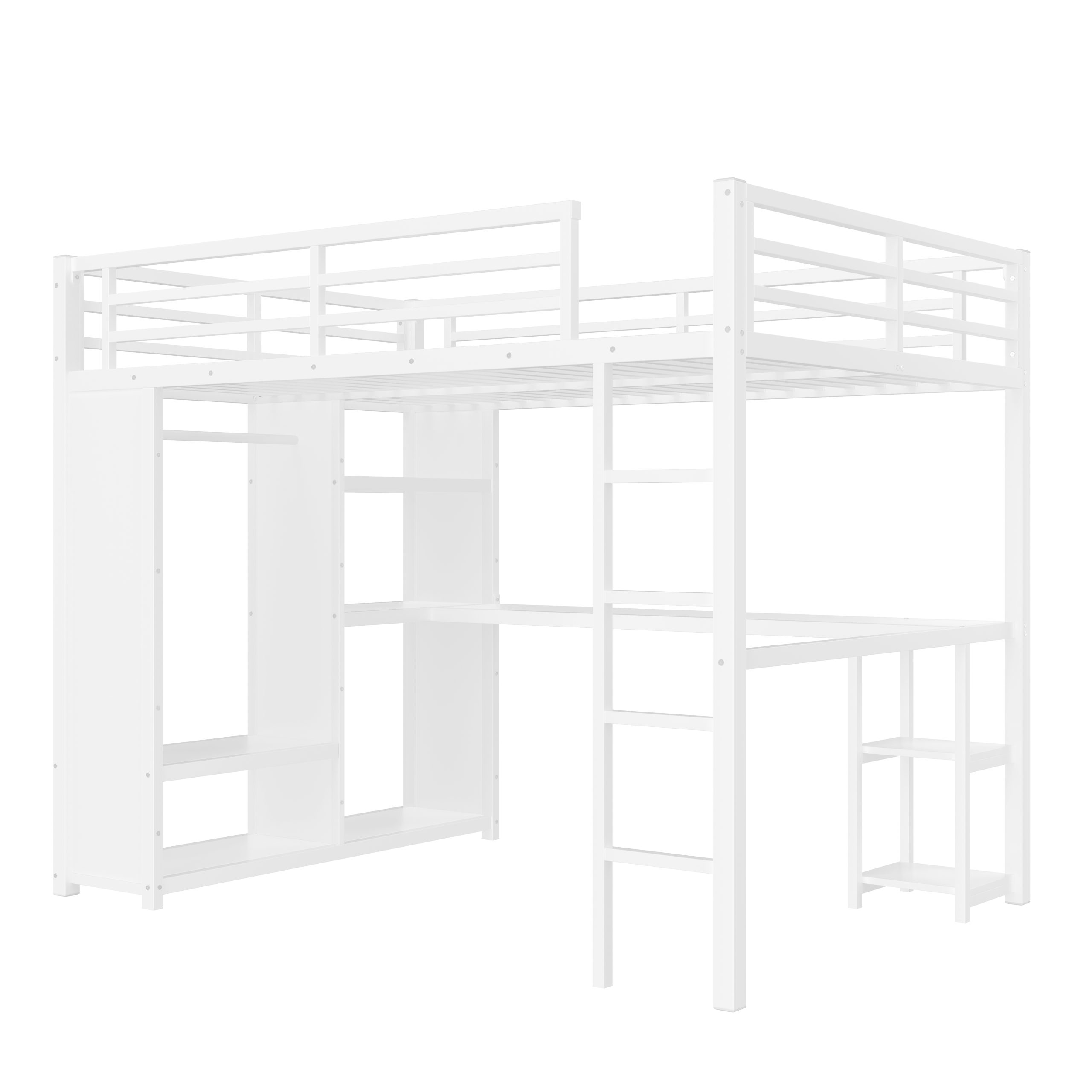 Queen Size Loft Bed Frame with Built-in Wardrobe, Metal Loft Bed with Desk and Storage Shelves, White - Image 6