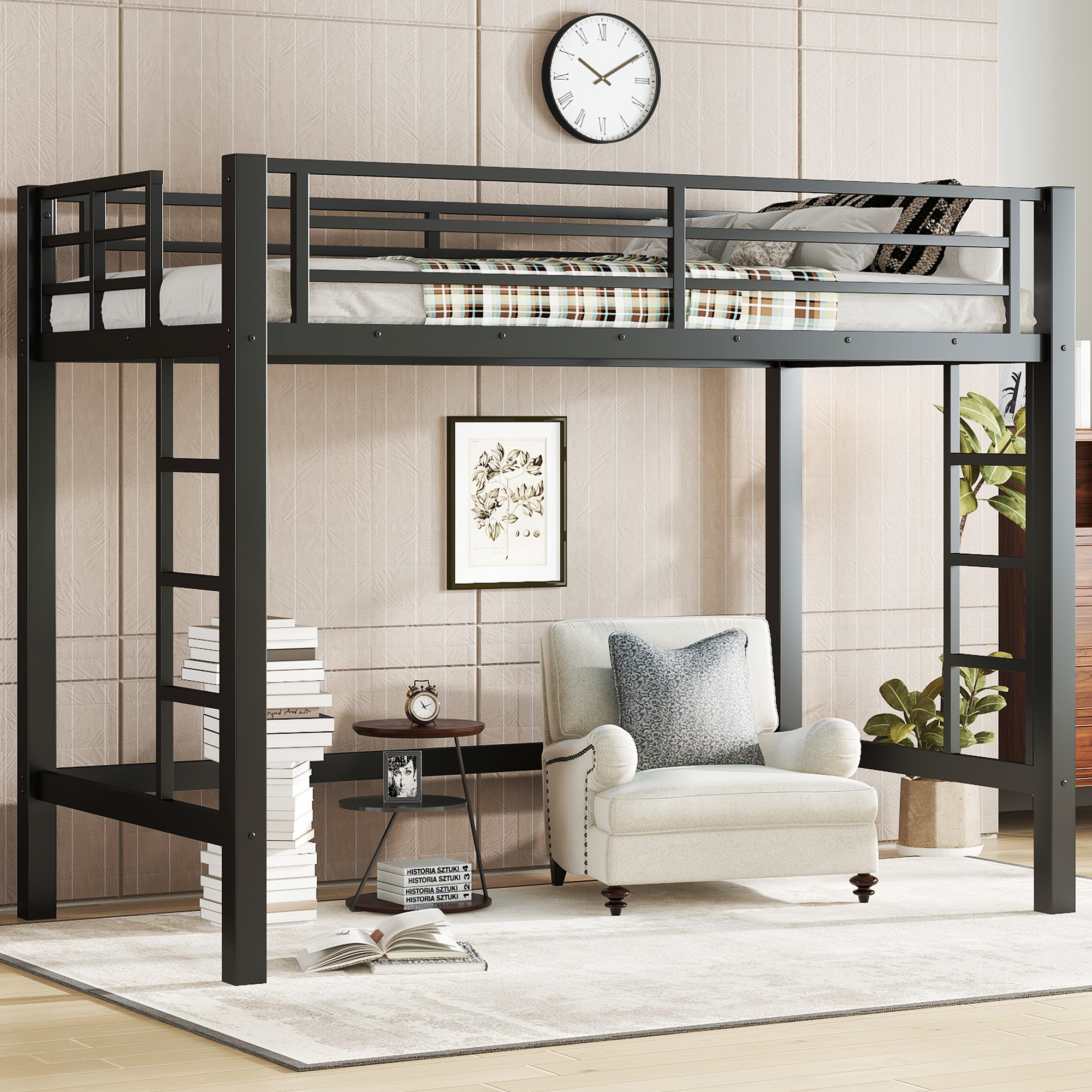 Twin Size Metal Loft Bed, Loft Bed with Easy Climbing Ladder and Guardrails , Black - Image 1