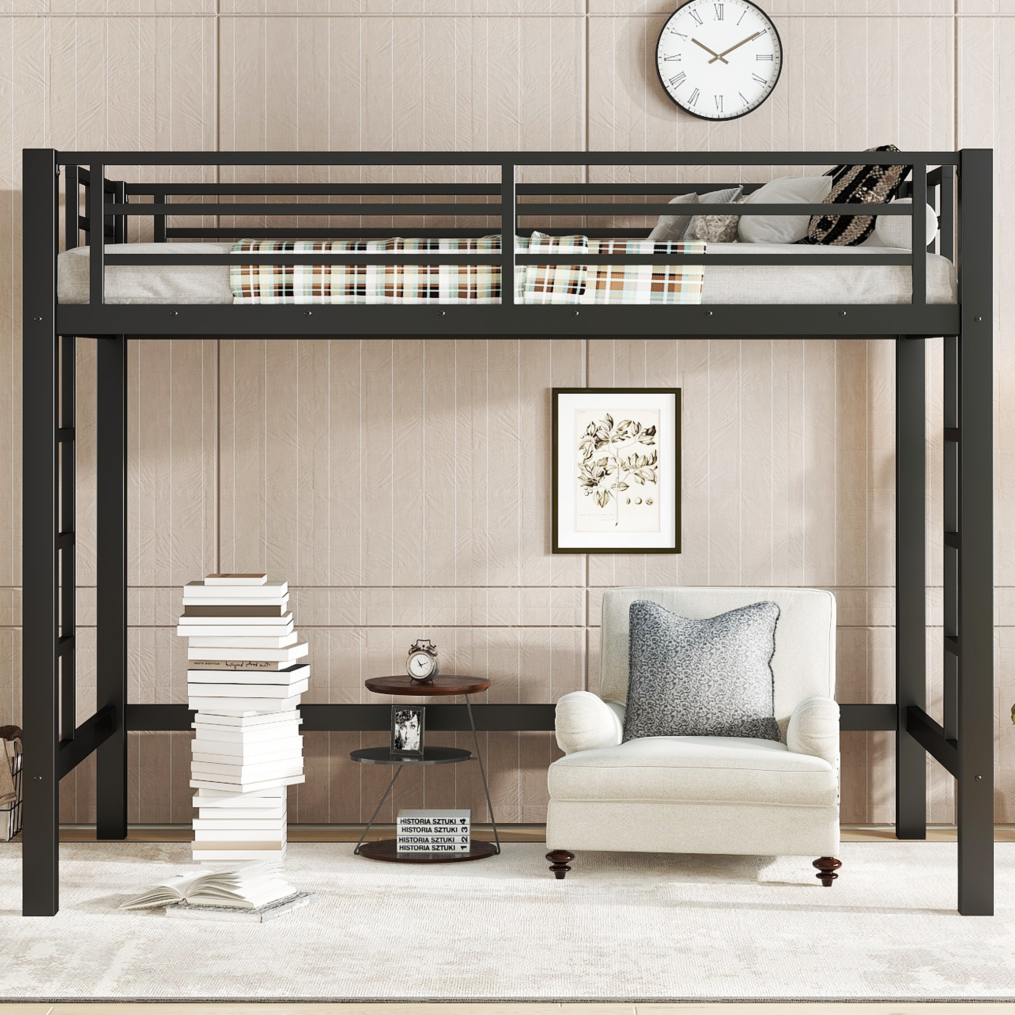 Twin Size Metal Loft Bed, Loft Bed with Easy Climbing Ladder and Guardrails , Black - Image 2