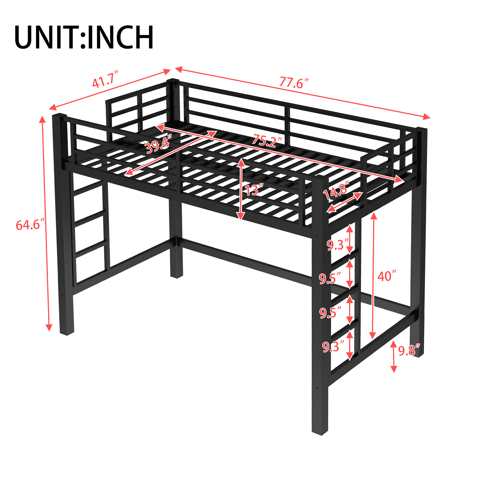 Twin Size Metal Loft Bed, Loft Bed with Easy Climbing Ladder and Guardrails , Black - Image 3