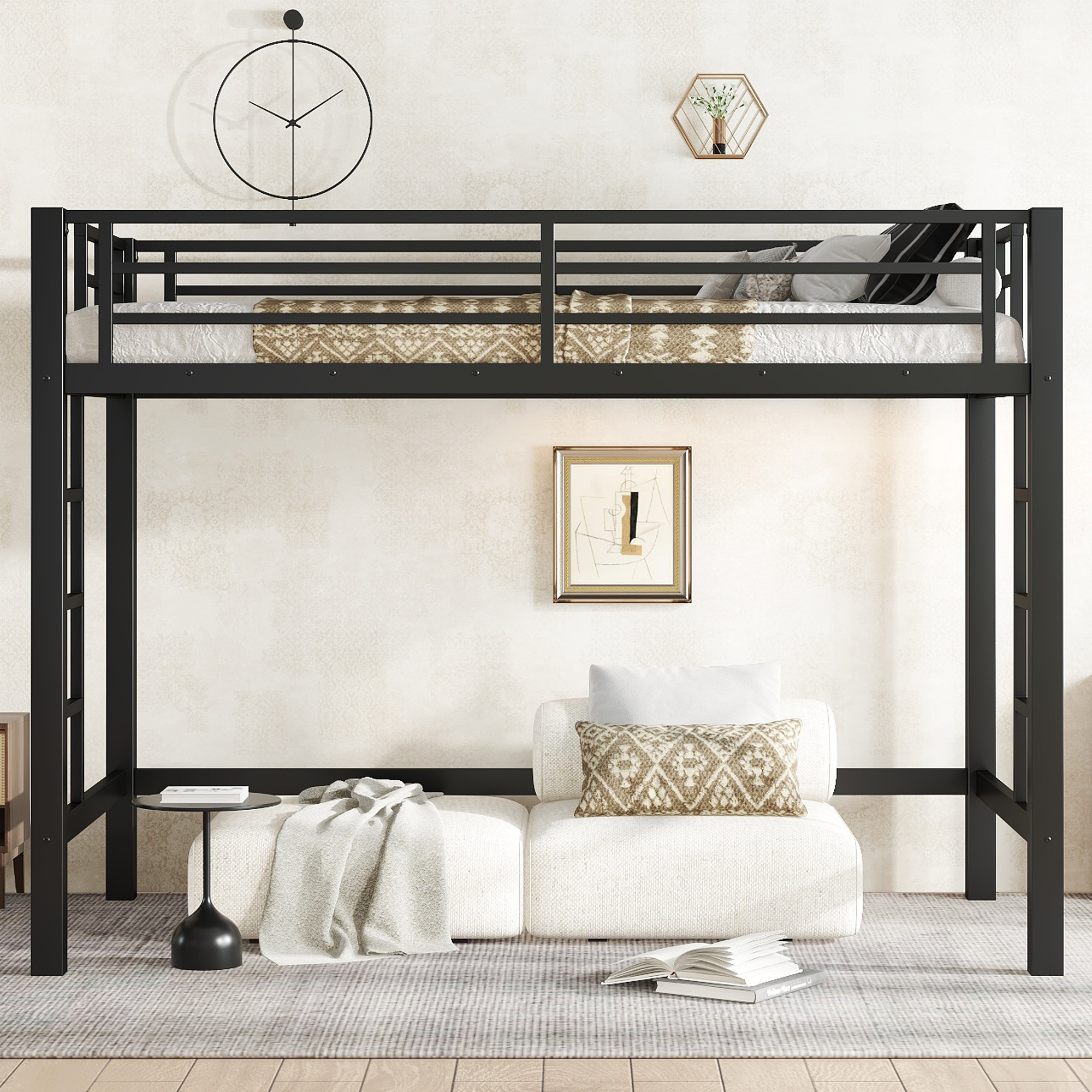 Twin XL Size Metal Loft Bed, Loft Bed with Easy Climbing Ladder and Guardrails , Black - Image 2
