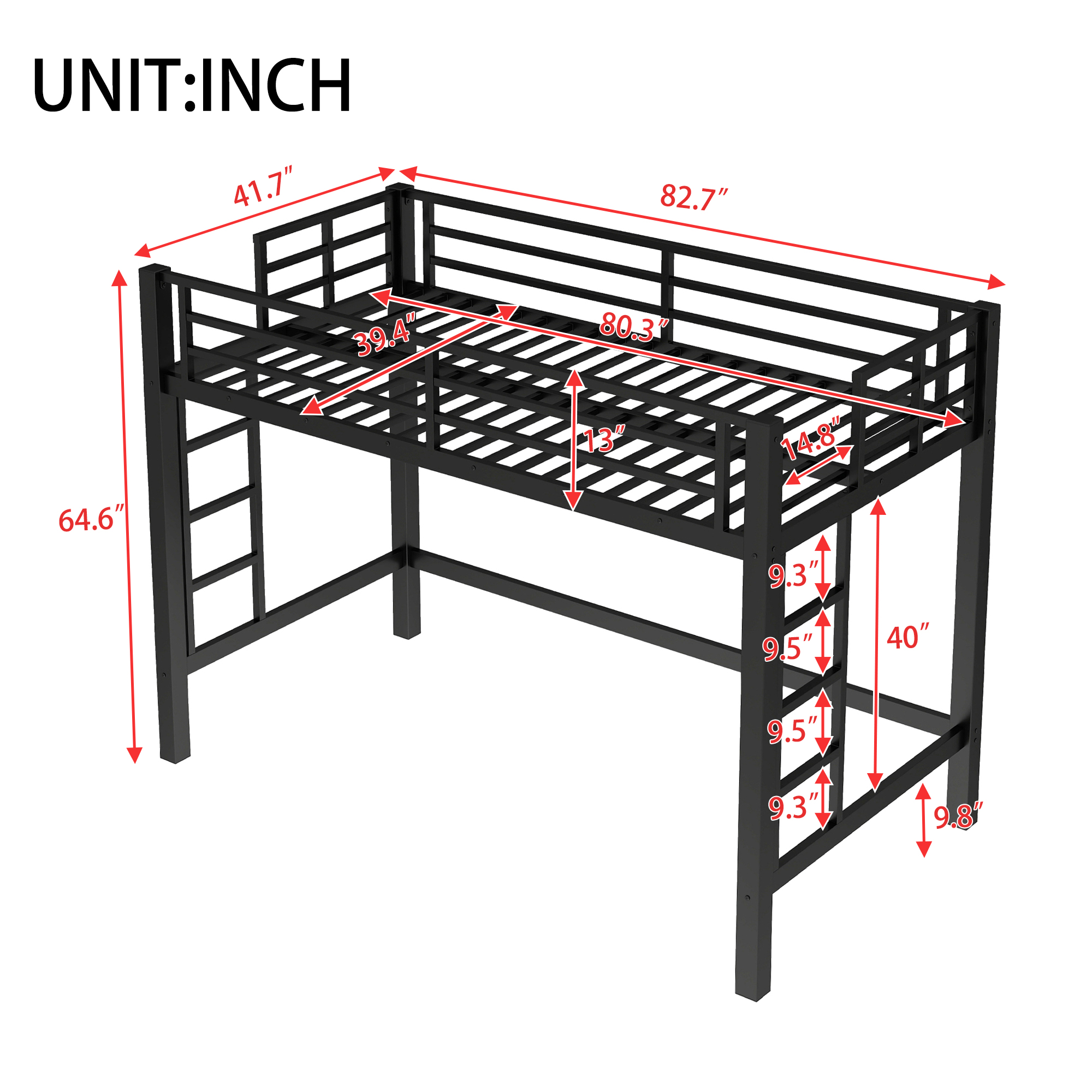 Twin XL Size Metal Loft Bed, Loft Bed with Easy Climbing Ladder and Guardrails , Black - Image 3