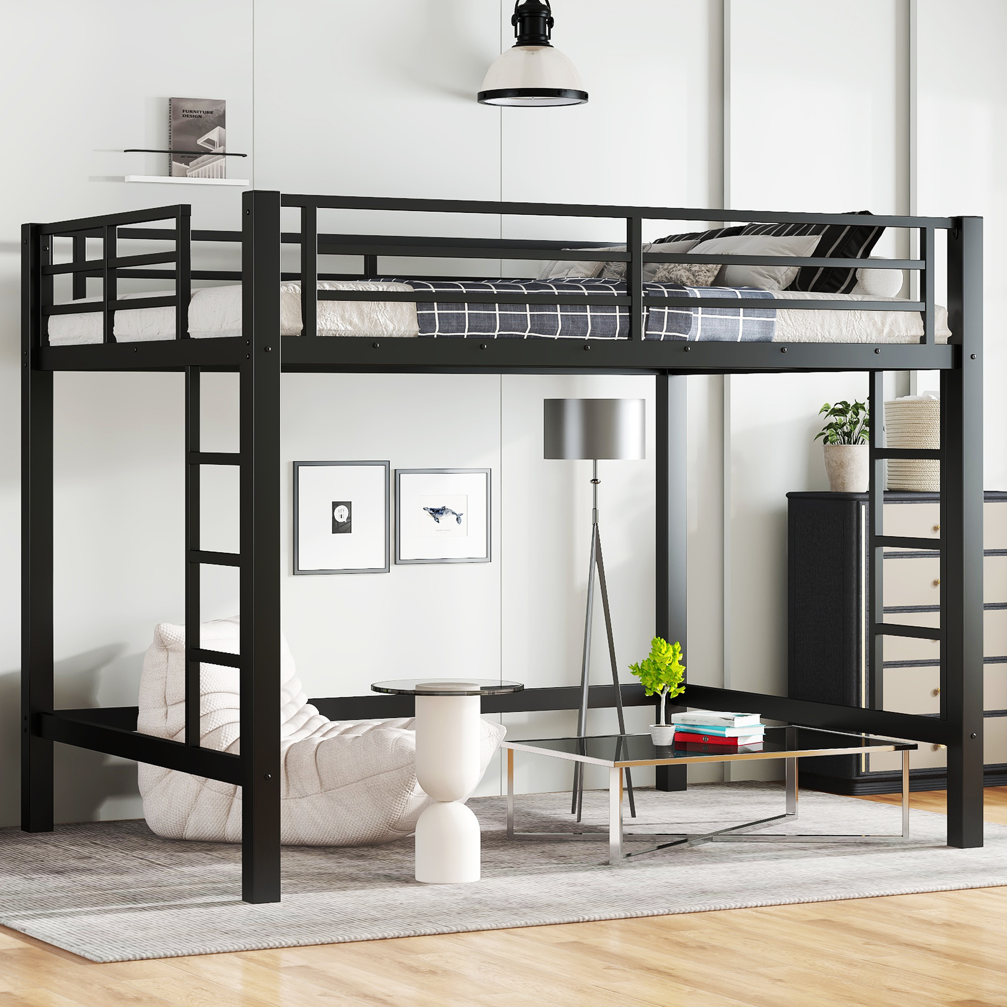 Full Size Metal Loft Bed, Loft Bed with Easy Climbing Ladder and Guardrails , Black - Image 1