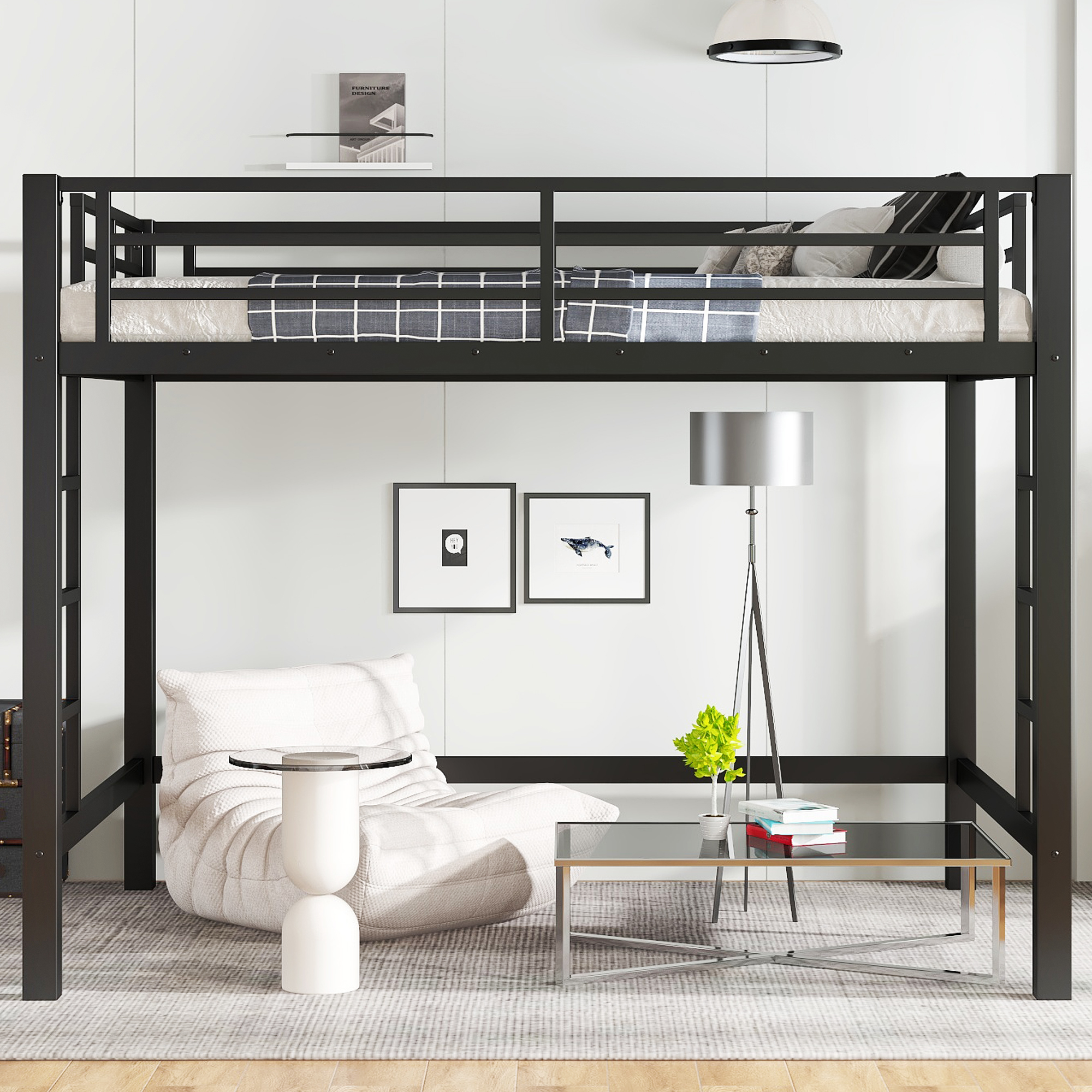 Full Size Metal Loft Bed, Loft Bed with Easy Climbing Ladder and Guardrails , Black - Image 2