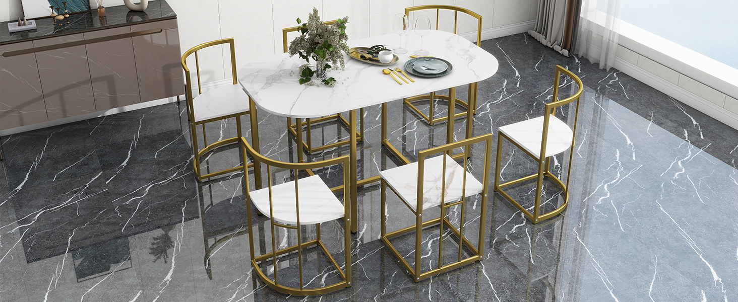 TOPMAX Modern 7-Piece Dining Table Set with Faux Marble Compact 55Inch Kitchen Table Set for 6, Golden+White - Image 5