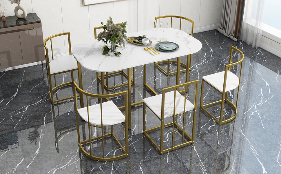 TOPMAX Modern 7-Piece Dining Table Set with Faux Marble Compact 55Inch Kitchen Table Set for 6, Golden+White - Image 4