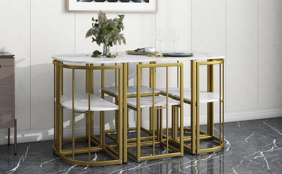 TOPMAX Modern 7-Piece Dining Table Set with Faux Marble Compact 55Inch Kitchen Table Set for 6, Golden+White - Image 3