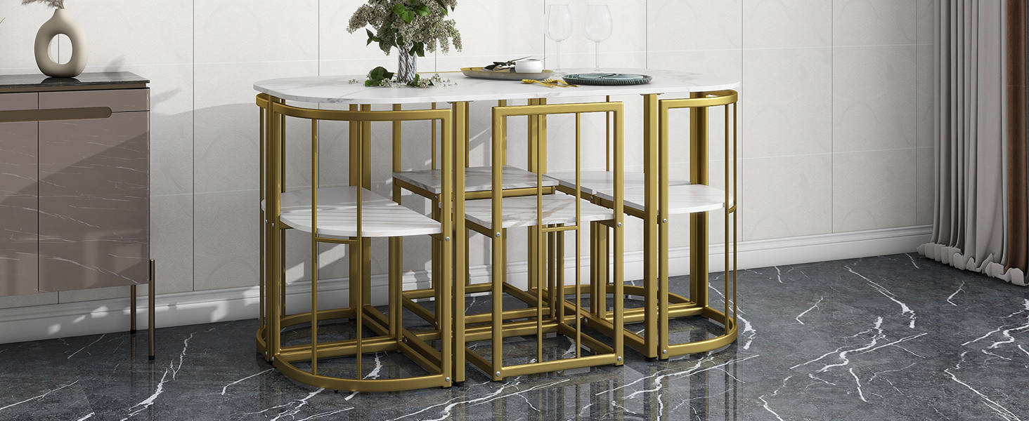 TOPMAX Modern 7-Piece Dining Table Set with Faux Marble Compact 55Inch Kitchen Table Set for 6, Golden+White - Image 2
