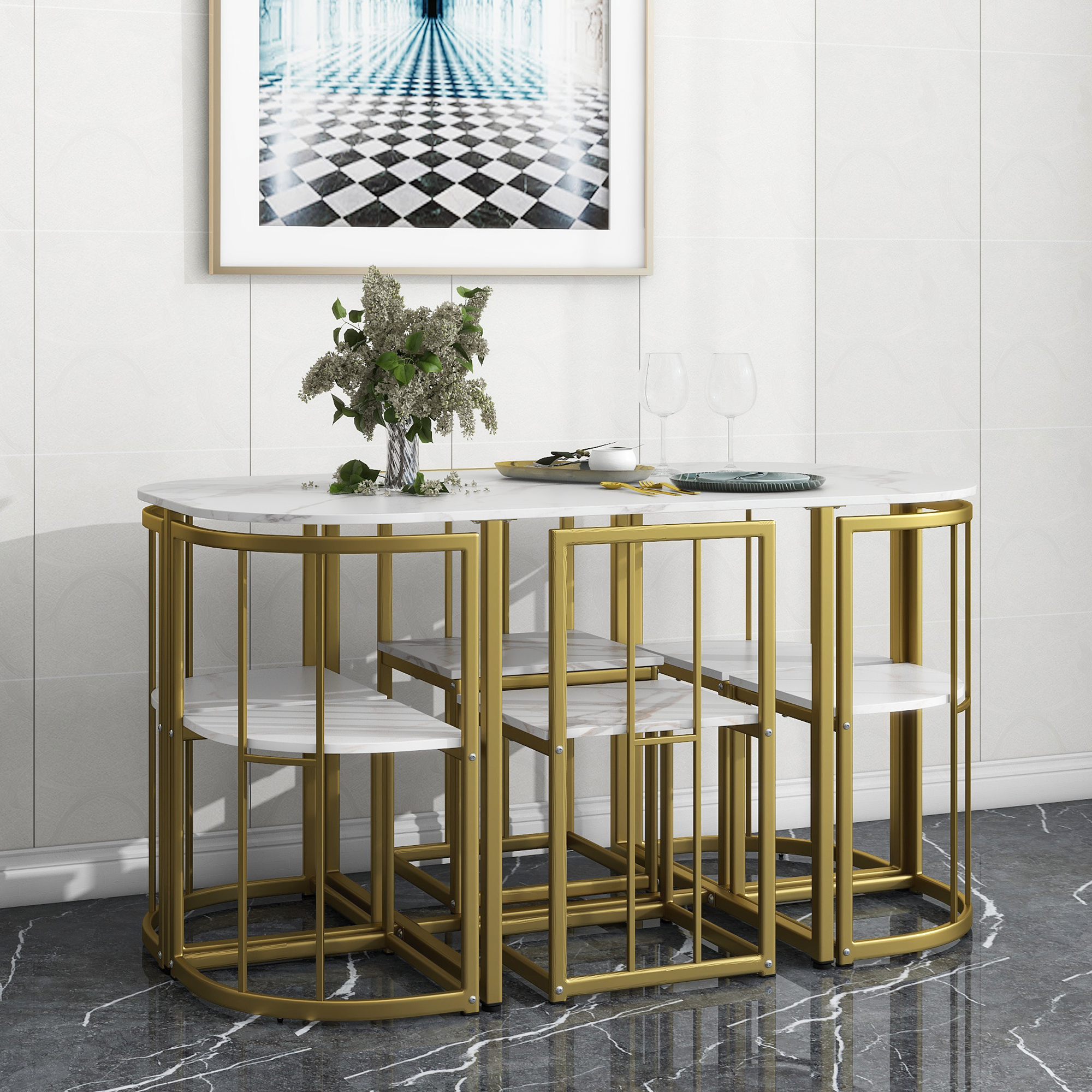 TOPMAX Modern 7-Piece Dining Table Set with Faux Marble Compact 55Inch Kitchen Table Set for 6, Golden+White - Image 6