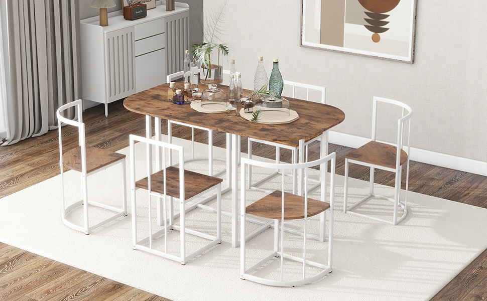 TOPMAX Modern 7-Piece Dining Table Set with Faux Marble Compact 55Inch Kitchen Table Set for 6, White+Cherry(OLD SKU:SP000017) - Image 2