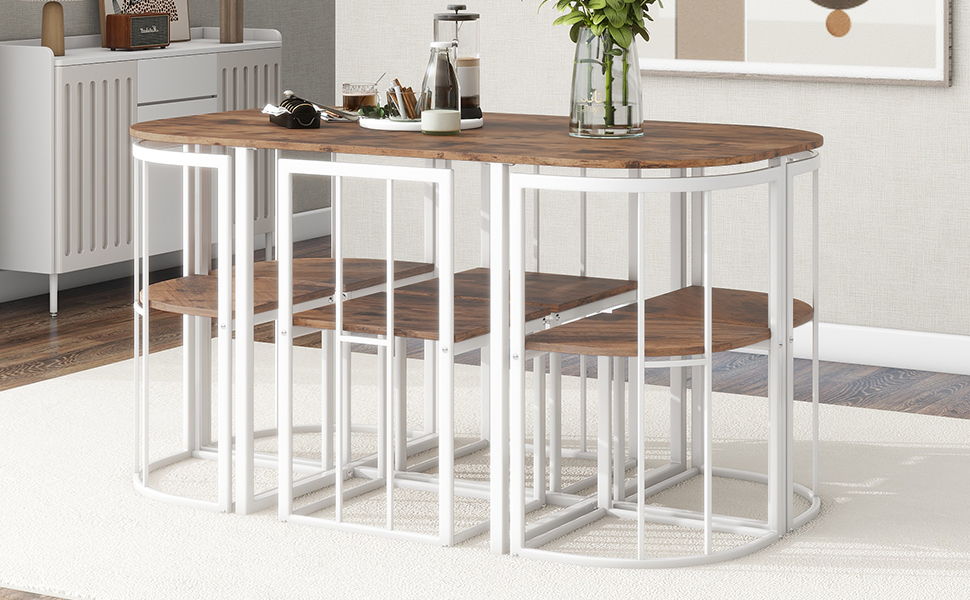 TOPMAX Modern 7-Piece Dining Table Set with Faux Marble Compact 55Inch Kitchen Table Set for 6, White+Cherry(OLD SKU:SP000017) - Image 3