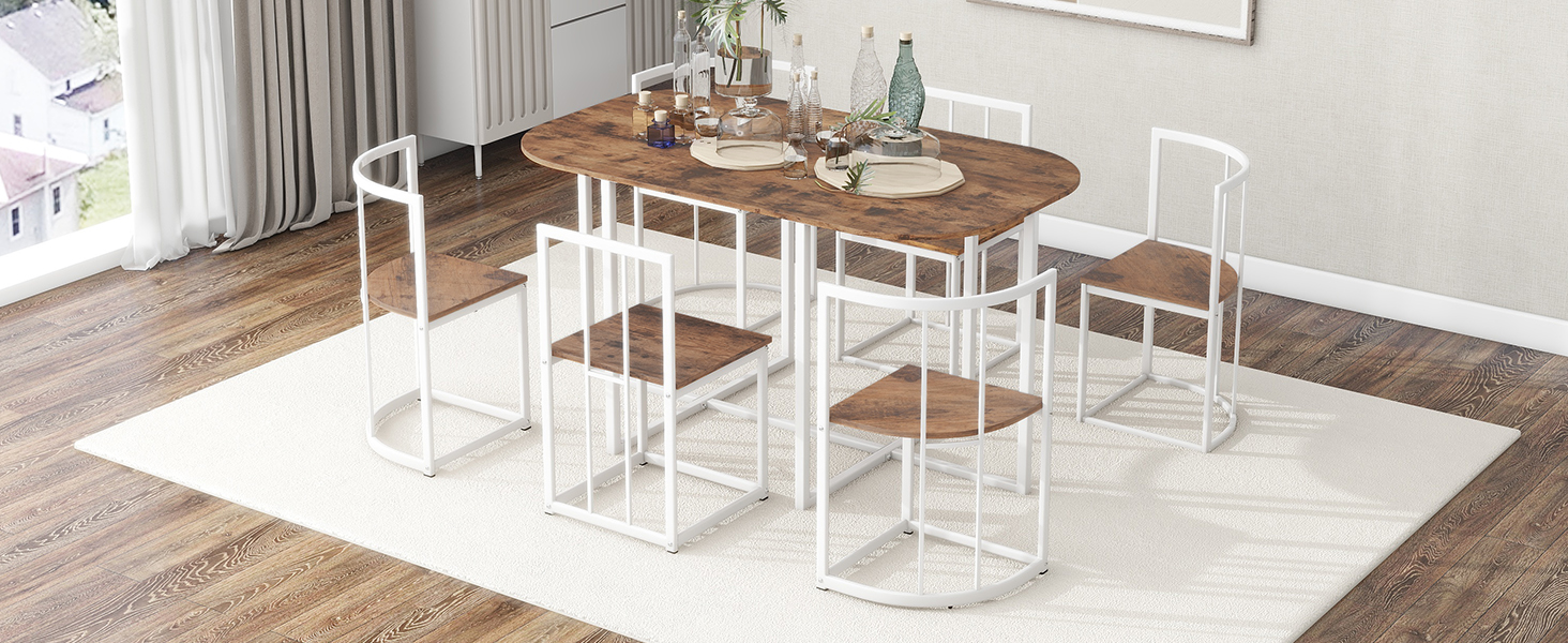 TOPMAX Modern 7-Piece Dining Table Set with Faux Marble Compact 55Inch Kitchen Table Set for 6, White+Cherry(OLD SKU:SP000017) - Image 5