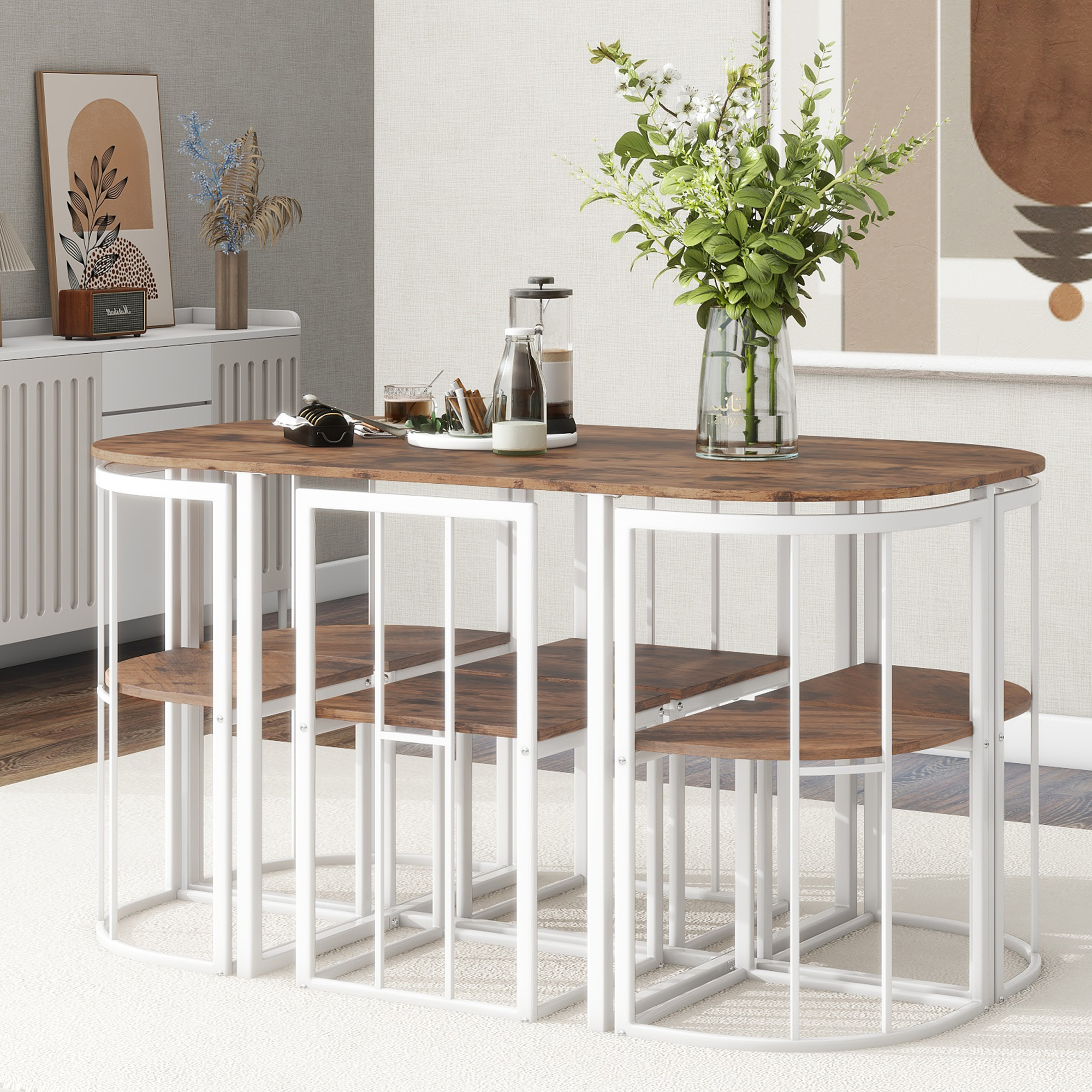 TOPMAX Modern 7-Piece Dining Table Set with Faux Marble Compact 55Inch Kitchen Table Set for 6, White+Cherry(OLD SKU:SP000017) - Image 6