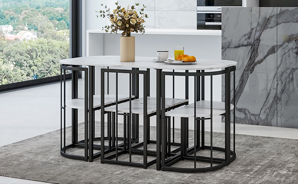 TOPMAX Modern 7-Piece Dining Table Set with Faux Marble Compact 55Inch Kitchen Table Set for 6, Black+White(OLD SKU:SP000017) - Image 2