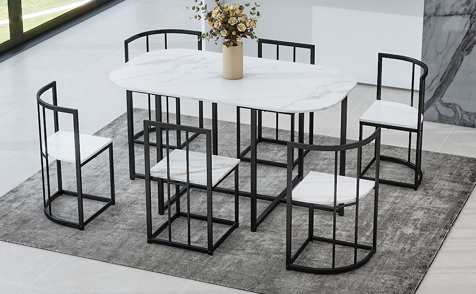 TOPMAX Modern 7-Piece Dining Table Set with Faux Marble Compact 55Inch Kitchen Table Set for 6, Black+White(OLD SKU:SP000017) - Image 3