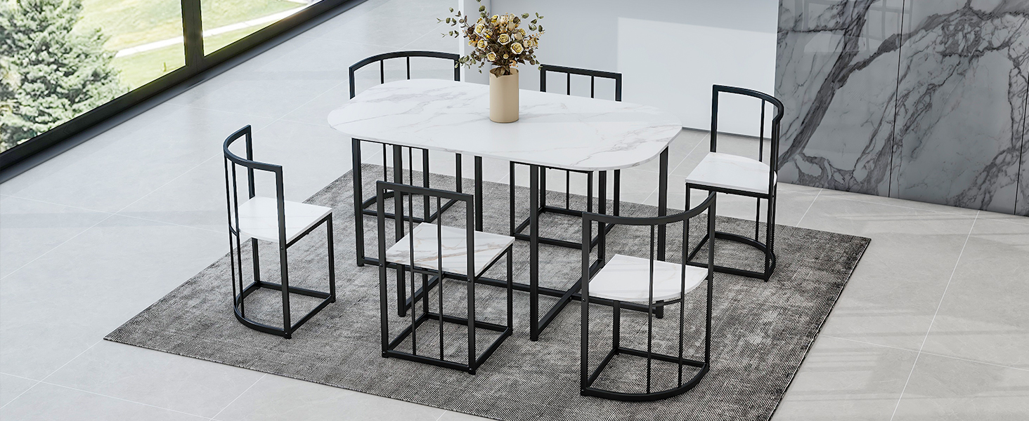 TOPMAX Modern 7-Piece Dining Table Set with Faux Marble Compact 55Inch Kitchen Table Set for 6, Black+White(OLD SKU:SP000017) - Image 4