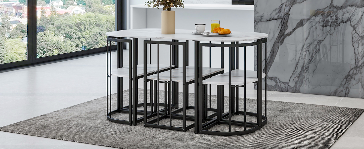 TOPMAX Modern 7-Piece Dining Table Set with Faux Marble Compact 55Inch Kitchen Table Set for 6, Black+White(OLD SKU:SP000017) - Image 5