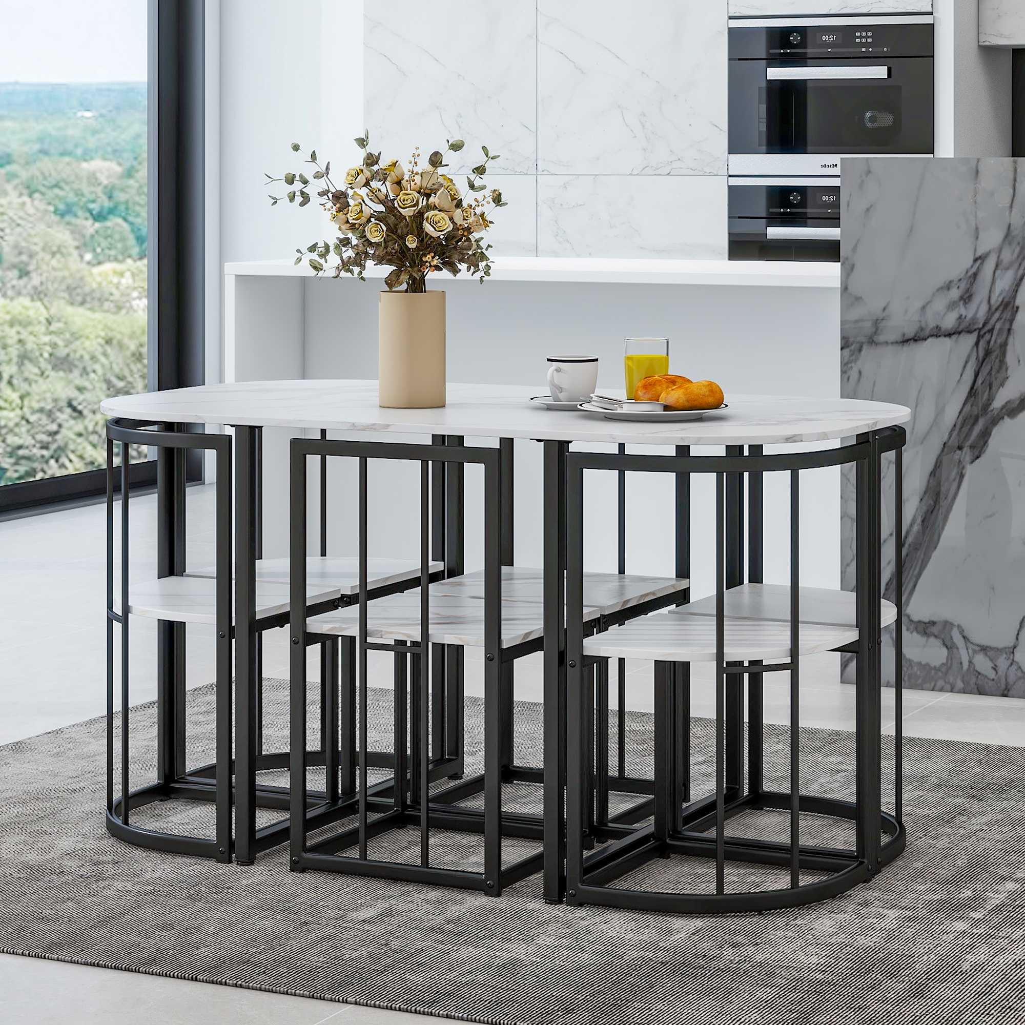 TOPMAX Modern 7-Piece Dining Table Set with Faux Marble Compact 55Inch Kitchen Table Set for 6, Black+White(OLD SKU:SP000017) - Image 6