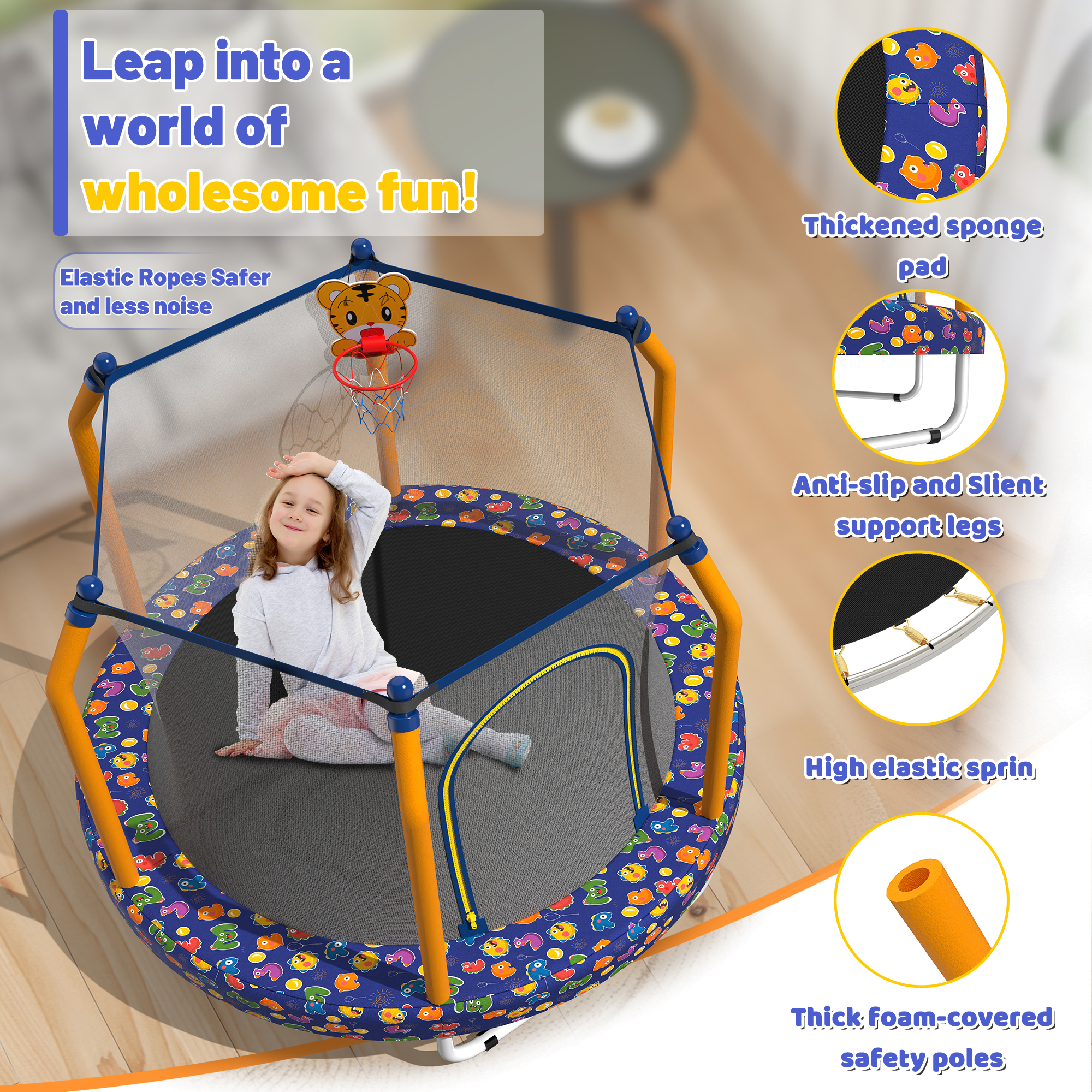 55-inch Trampoline for Kids Indoor & Outdoor Small Toddler Trampoline with Basketball Hoop - Image 3