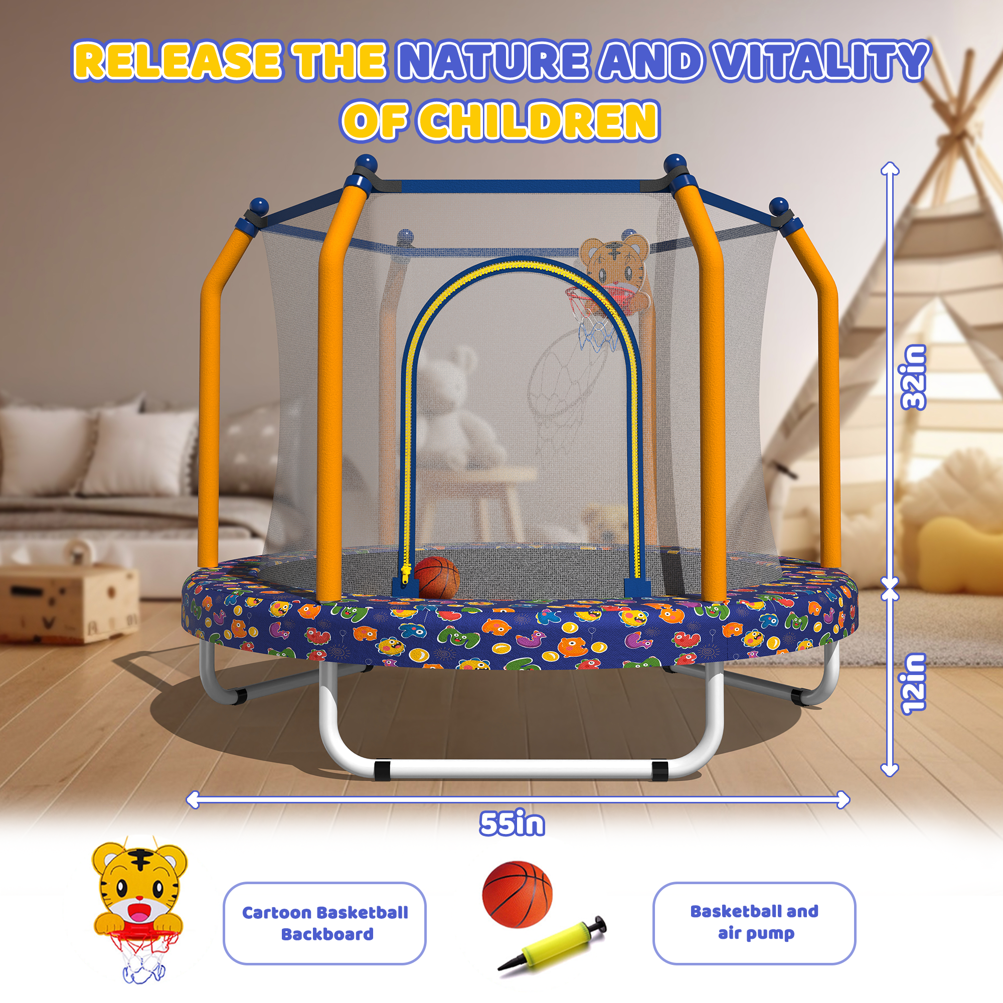 55-inch Trampoline for Kids Indoor & Outdoor Small Toddler Trampoline with Basketball Hoop - Image 6