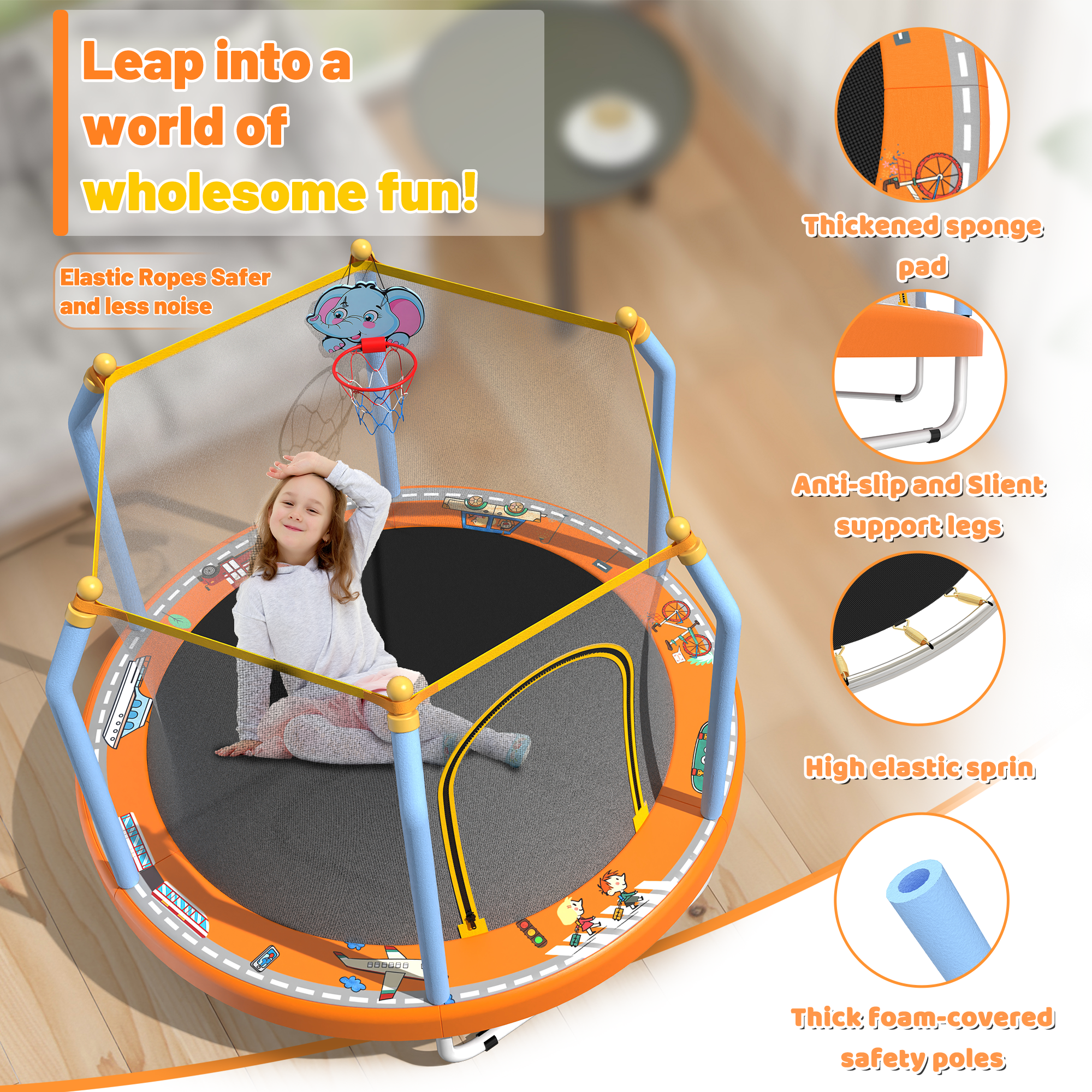 55-inch Trampoline for Kids Indoor & Outdoor Small Toddler Trampoline with Basketball Hoop - Image 2