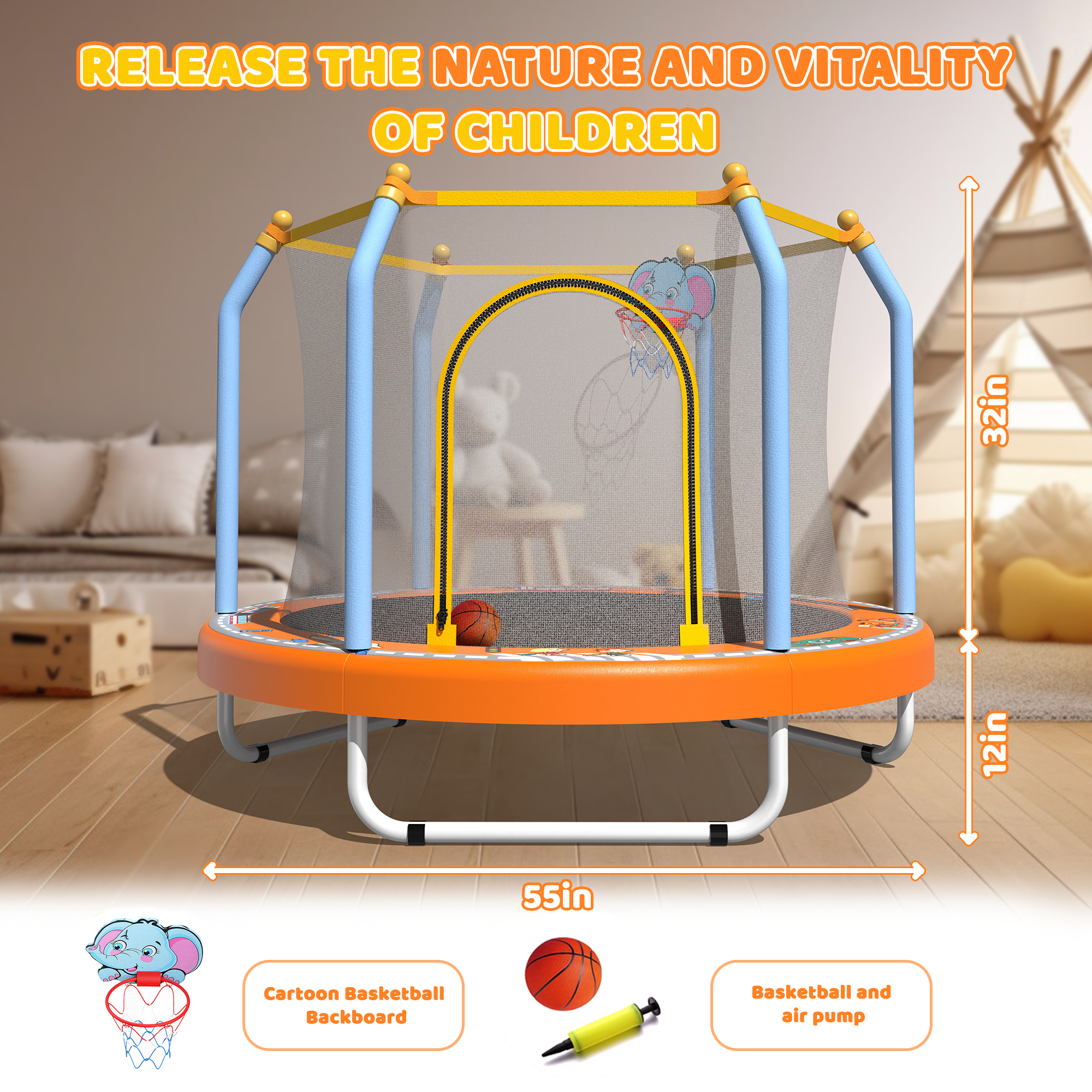 55-inch Trampoline for Kids Indoor & Outdoor Small Toddler Trampoline with Basketball Hoop - Image 6