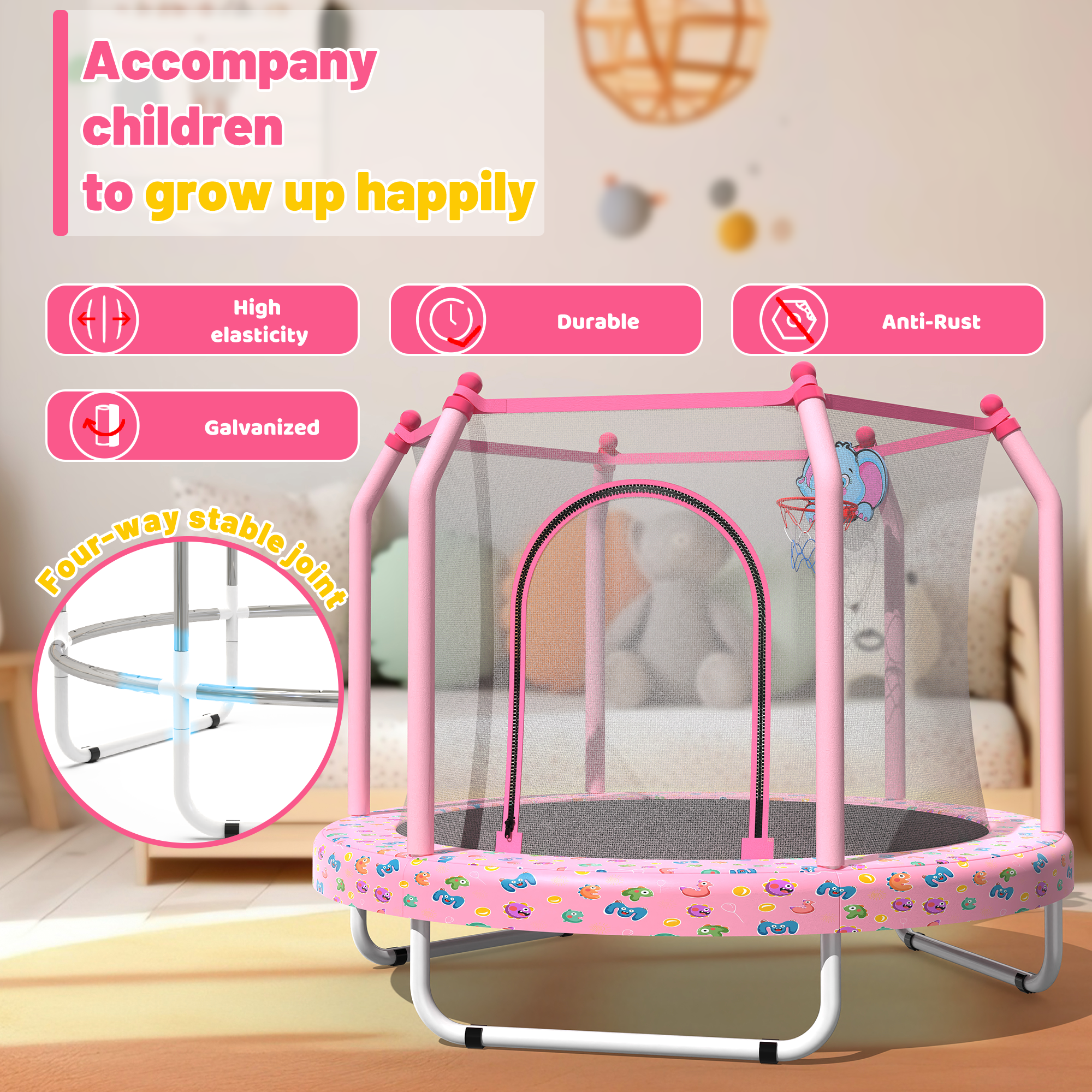 55-inch Trampoline for Kids Indoor & Outdoor Small Toddler Trampoline with Basketball Hoop - Image 2