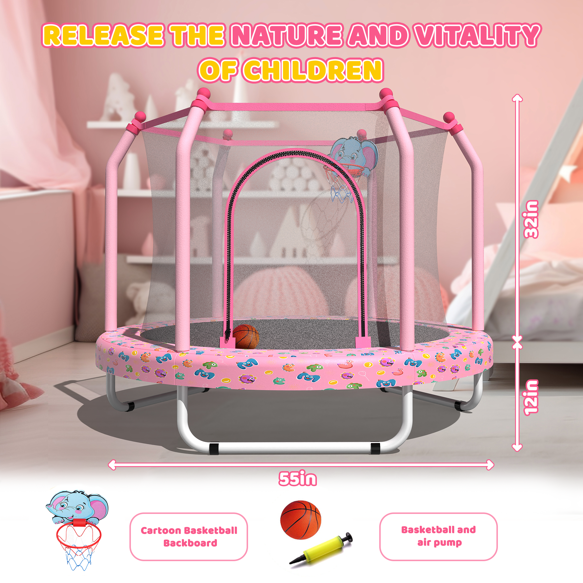 55-inch Trampoline for Kids Indoor & Outdoor Small Toddler Trampoline with Basketball Hoop - Image 5
