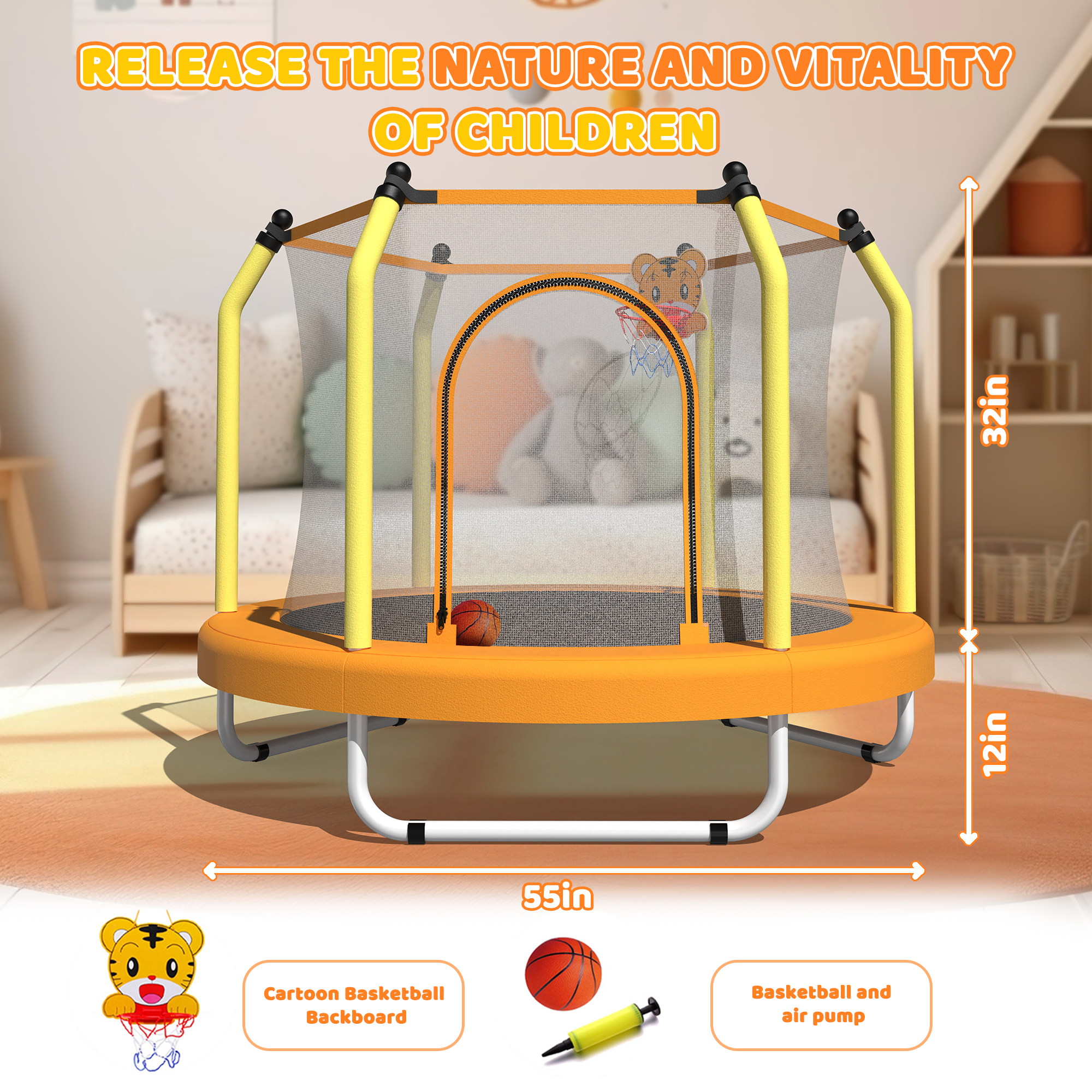 55-inch Trampoline for Kids Indoor & Outdoor Small Toddler Trampoline with Basketball Hoop - Image 5
