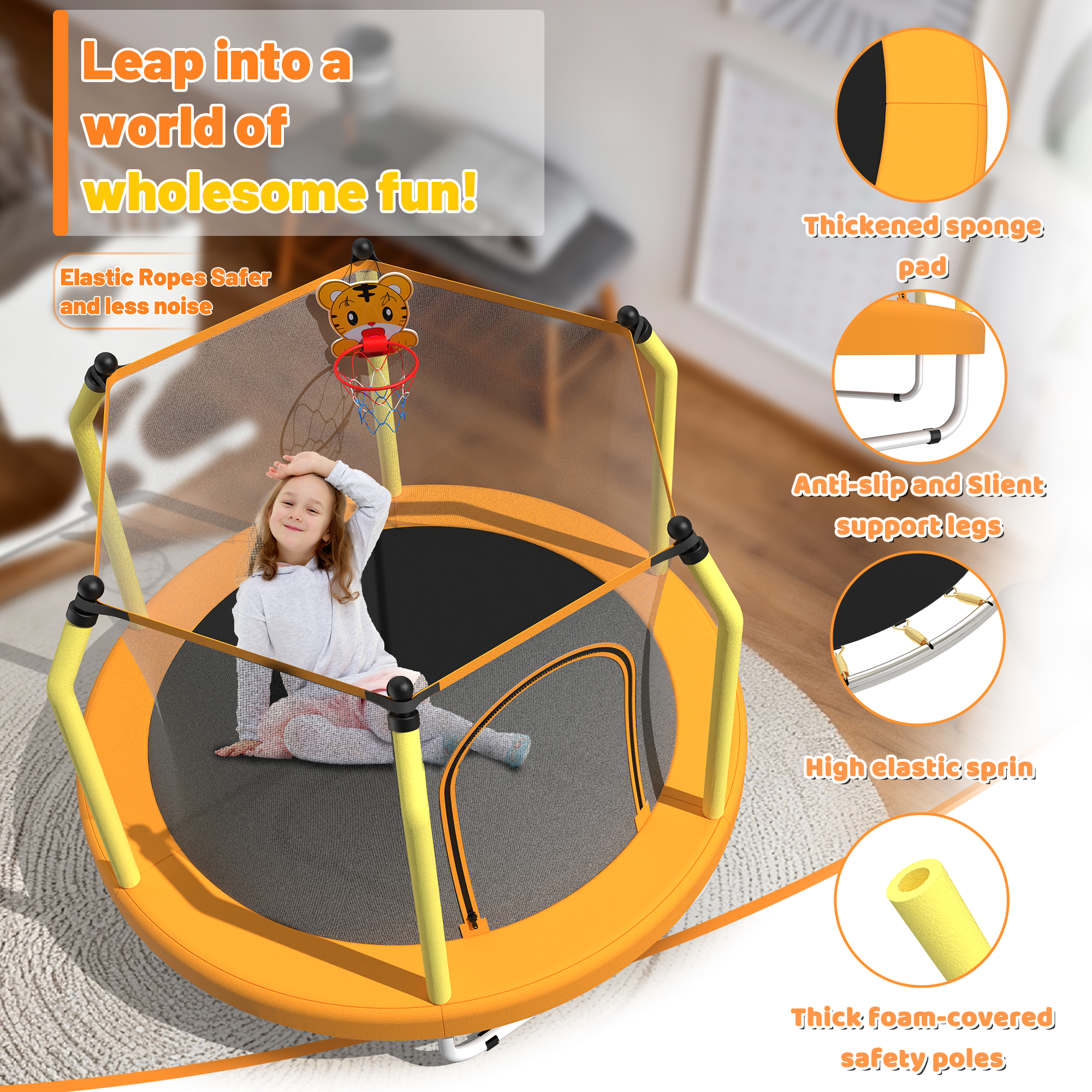 55-inch Trampoline for Kids Indoor & Outdoor Small Toddler Trampoline with Basketball Hoop - Image 6