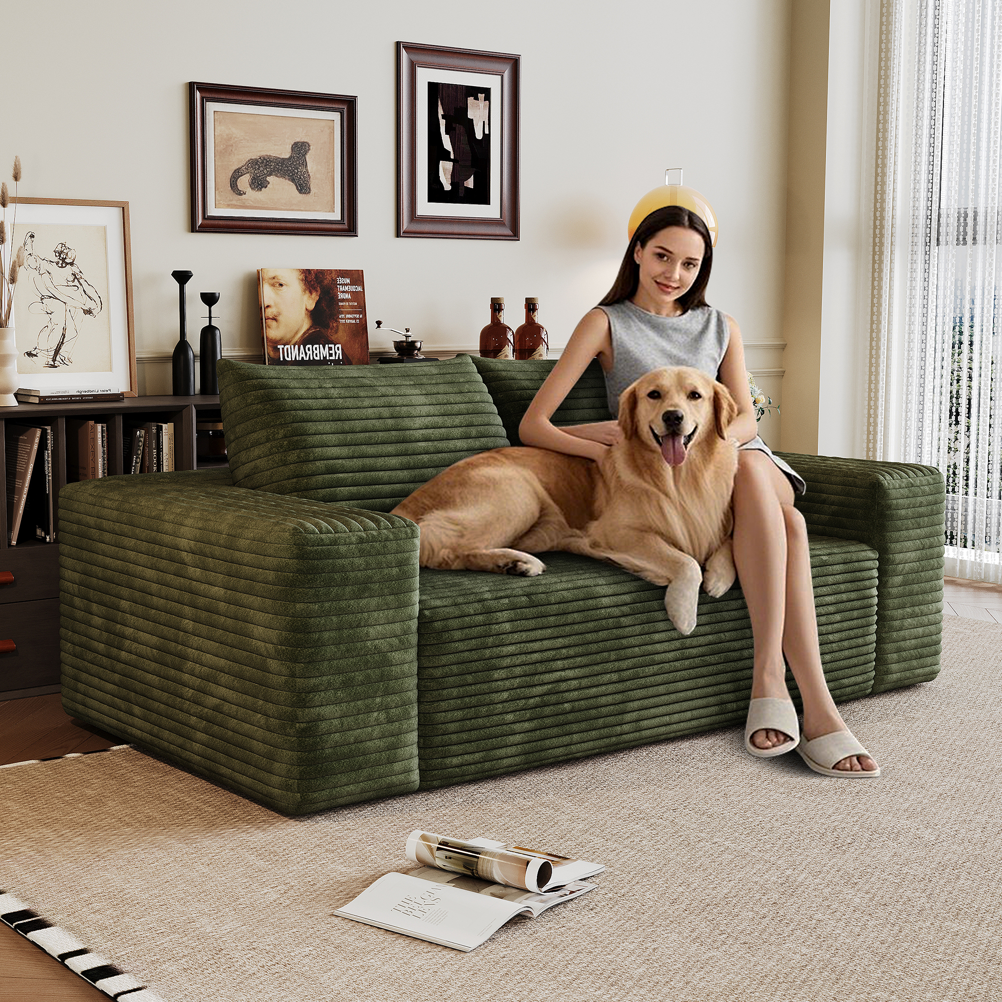 63" 2Setaser Sofa,Corduroy Fabric,Deep Seat Couches,Comfy Loveseat Sofa,No Assembly,1pcs for Living room, Bedroom,Conference room ,Apartment,Green - Image 3
