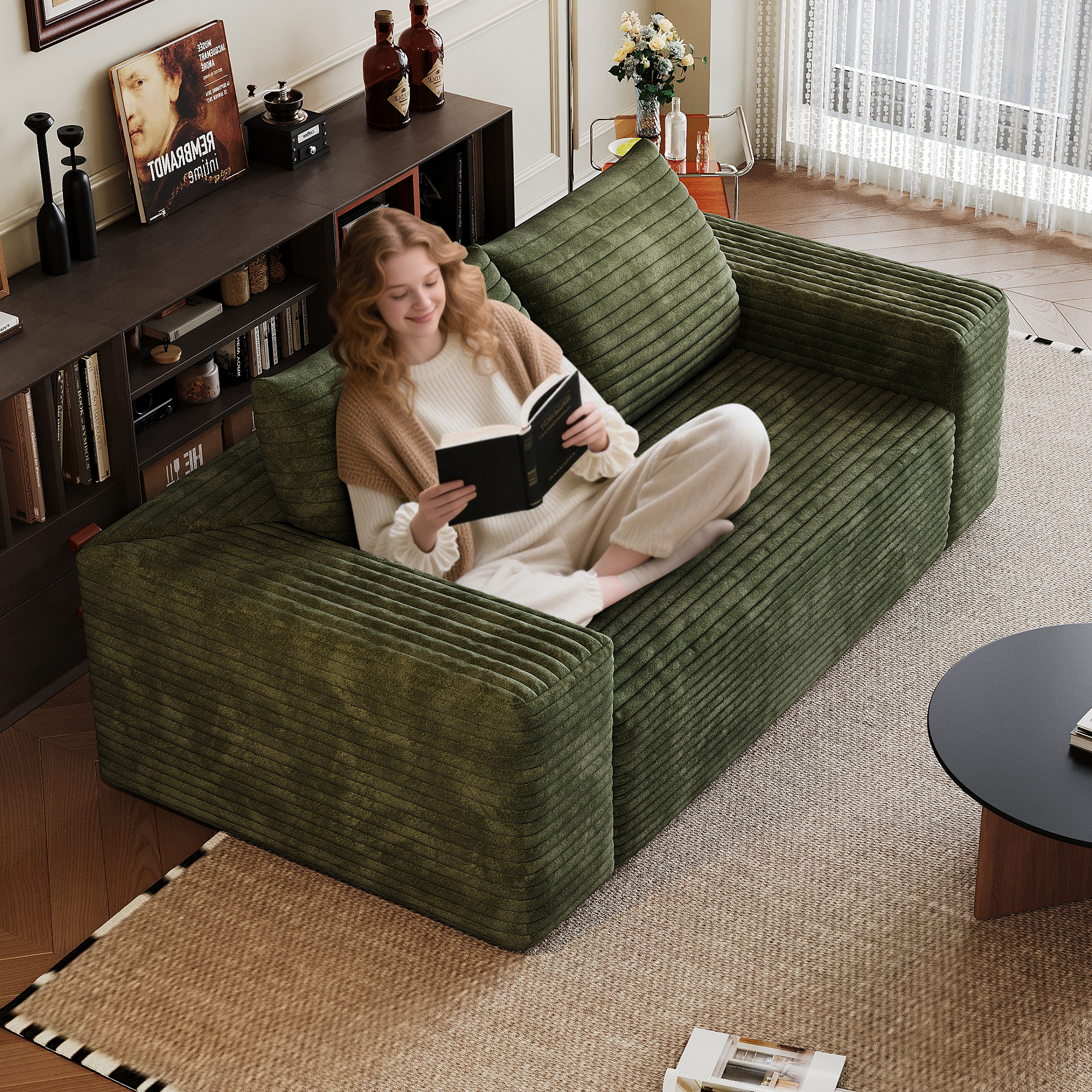 63" 2Setaser Sofa,Corduroy Fabric,Deep Seat Couches,Comfy Loveseat Sofa,No Assembly,1pcs for Living room, Bedroom,Conference room ,Apartment,Green - Image 4