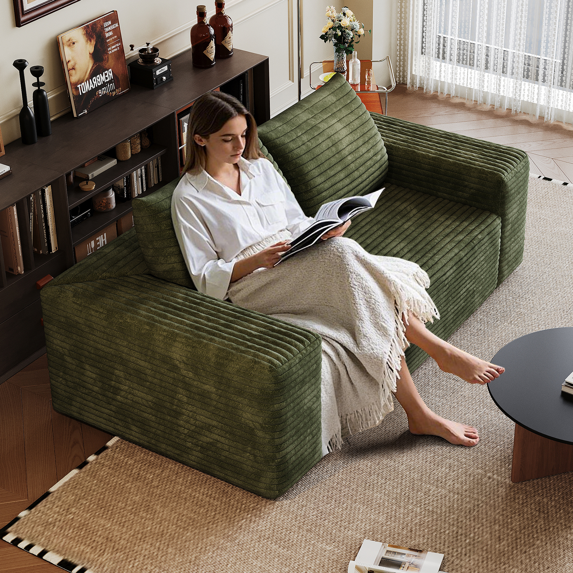 63" 2Setaser Sofa,Corduroy Fabric,Deep Seat Couches,Comfy Loveseat Sofa,No Assembly,1pcs for Living room, Bedroom,Conference room ,Apartment,Green - Image 5