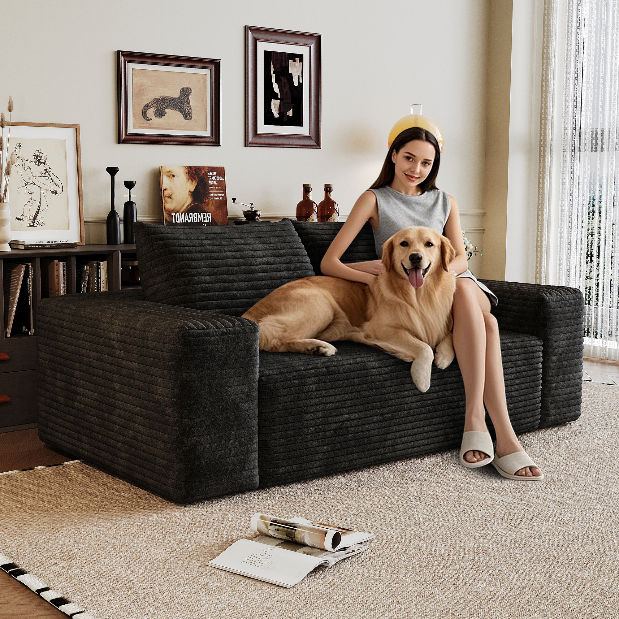 63" 2Setaser Sofa,Corduroy Fabric,Deep Seat Couches,Comfy Loveseat Sofa,No Assembly,1pcs for Living room, Bedroom,Conference room ,Apartment,Black - Image 2