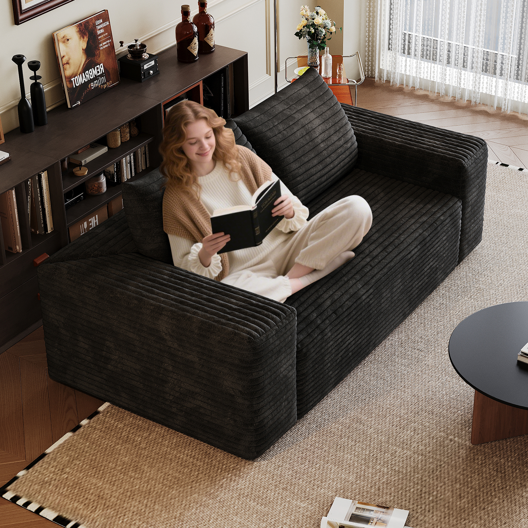 63" 2Setaser Sofa,Corduroy Fabric,Deep Seat Couches,Comfy Loveseat Sofa,No Assembly,1pcs for Living room, Bedroom,Conference room ,Apartment,Black - Image 5