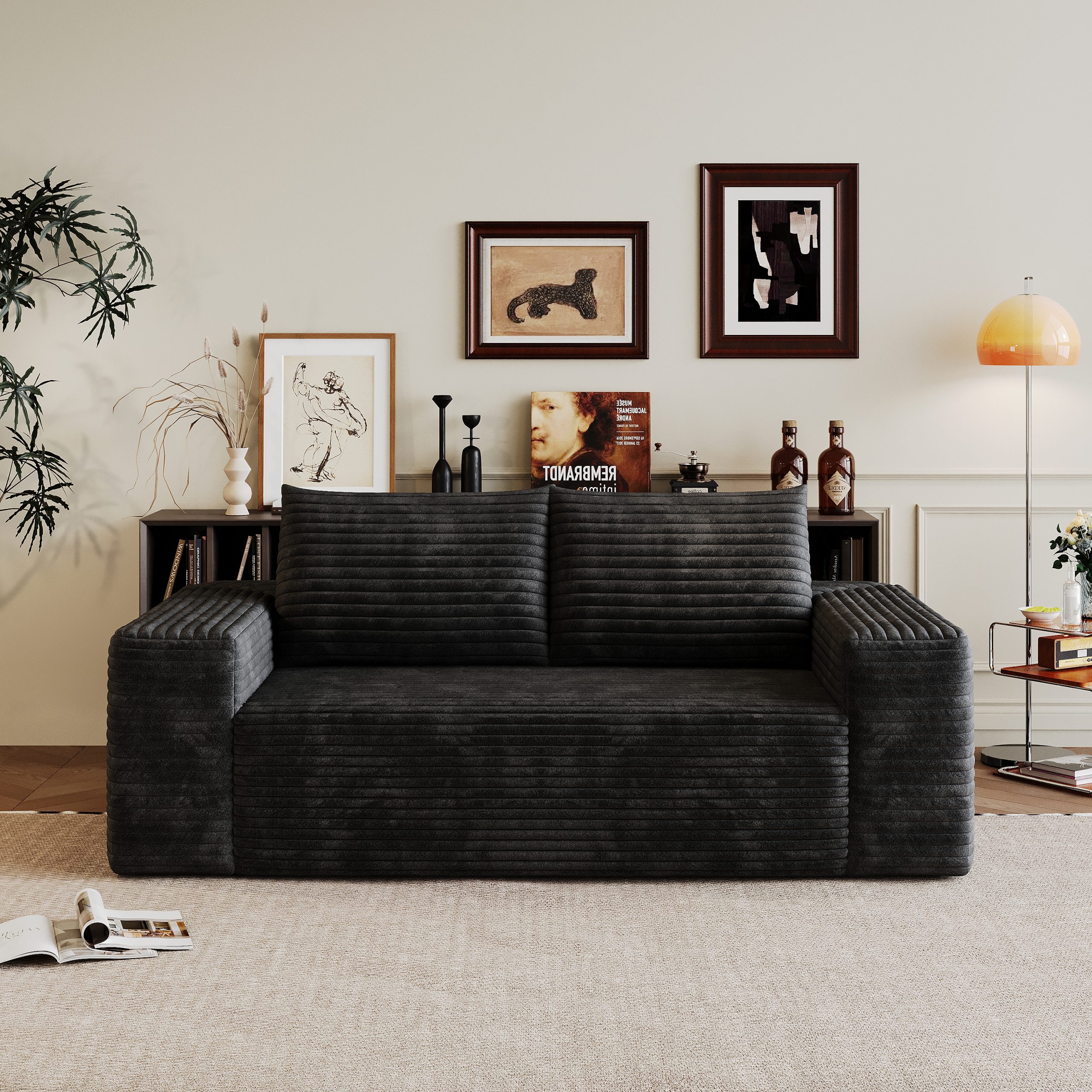 63" 2Setaser Sofa,Corduroy Fabric,Deep Seat Couches,Comfy Loveseat Sofa,No Assembly,1pcs for Living room, Bedroom,Conference room ,Apartment,Black - Image 6